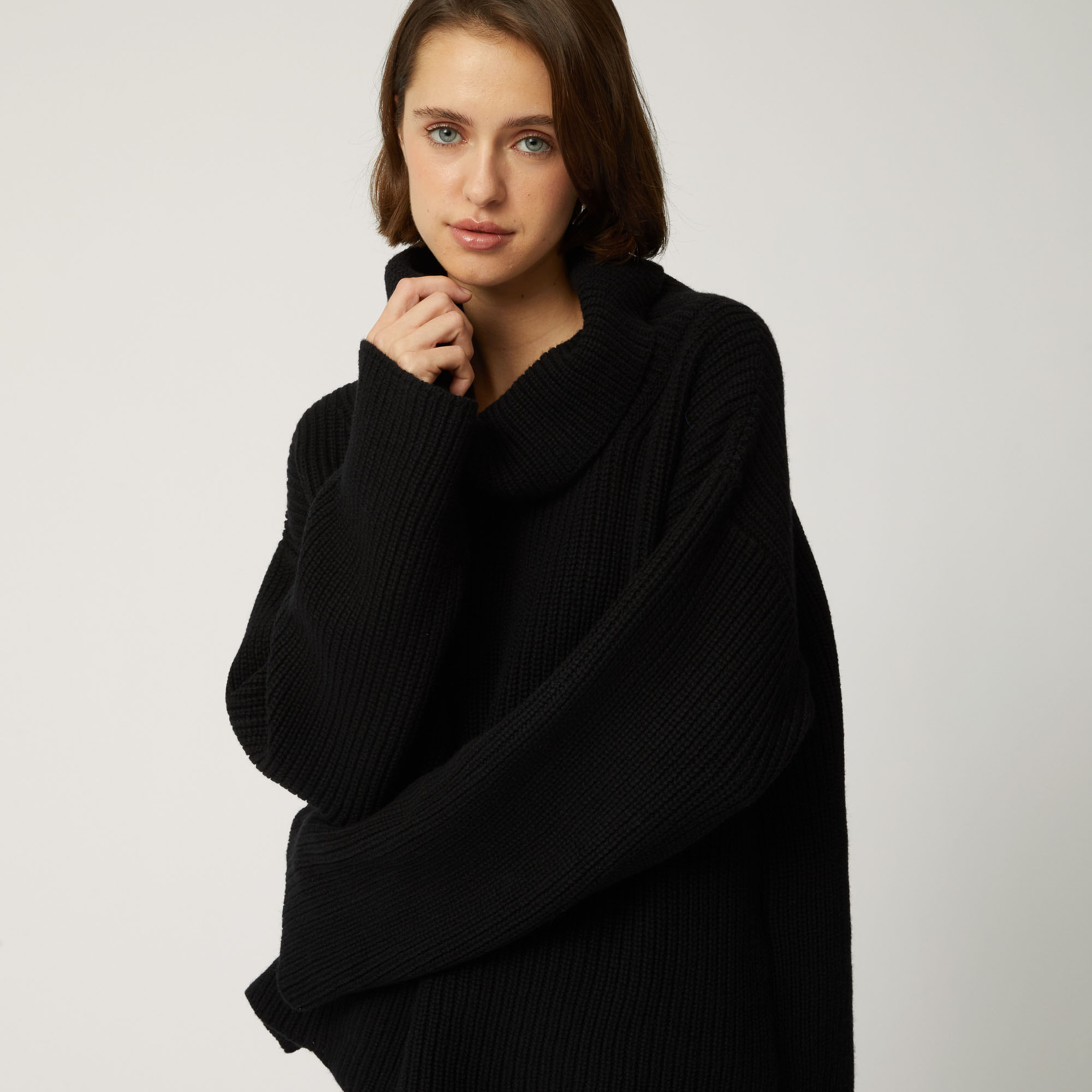 Cashmere Pullover With Cowl Neck, Black, large image number 2