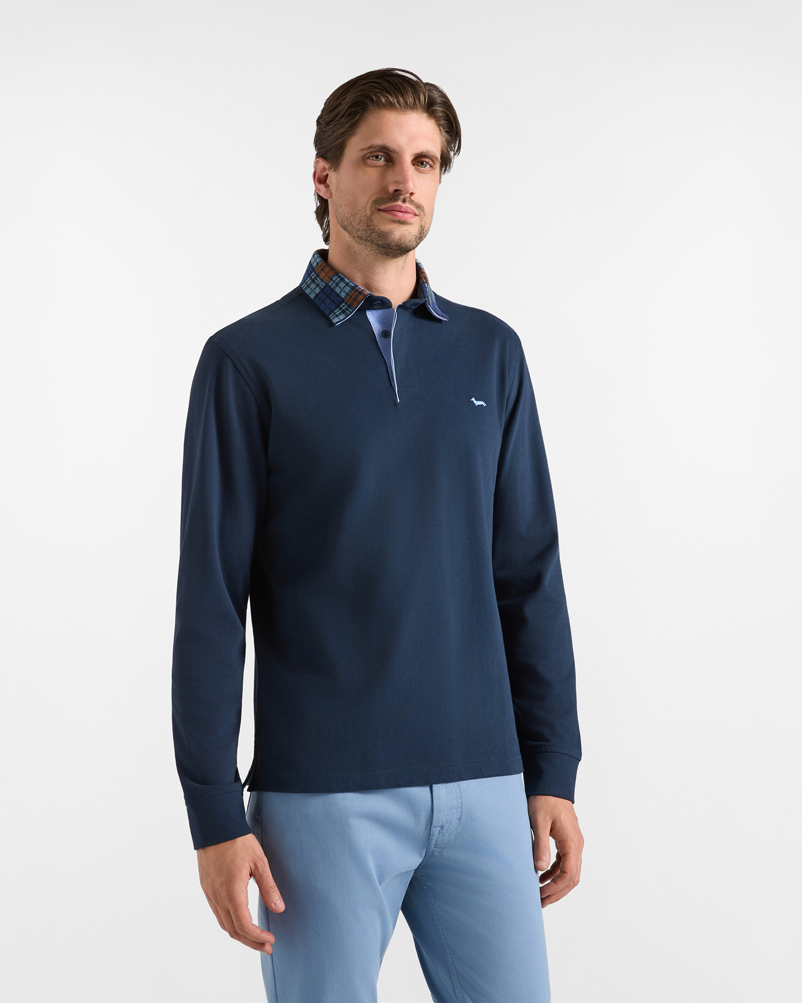 Men's long-sleeve blue 100% pure cotton brushed jersey polo shirt