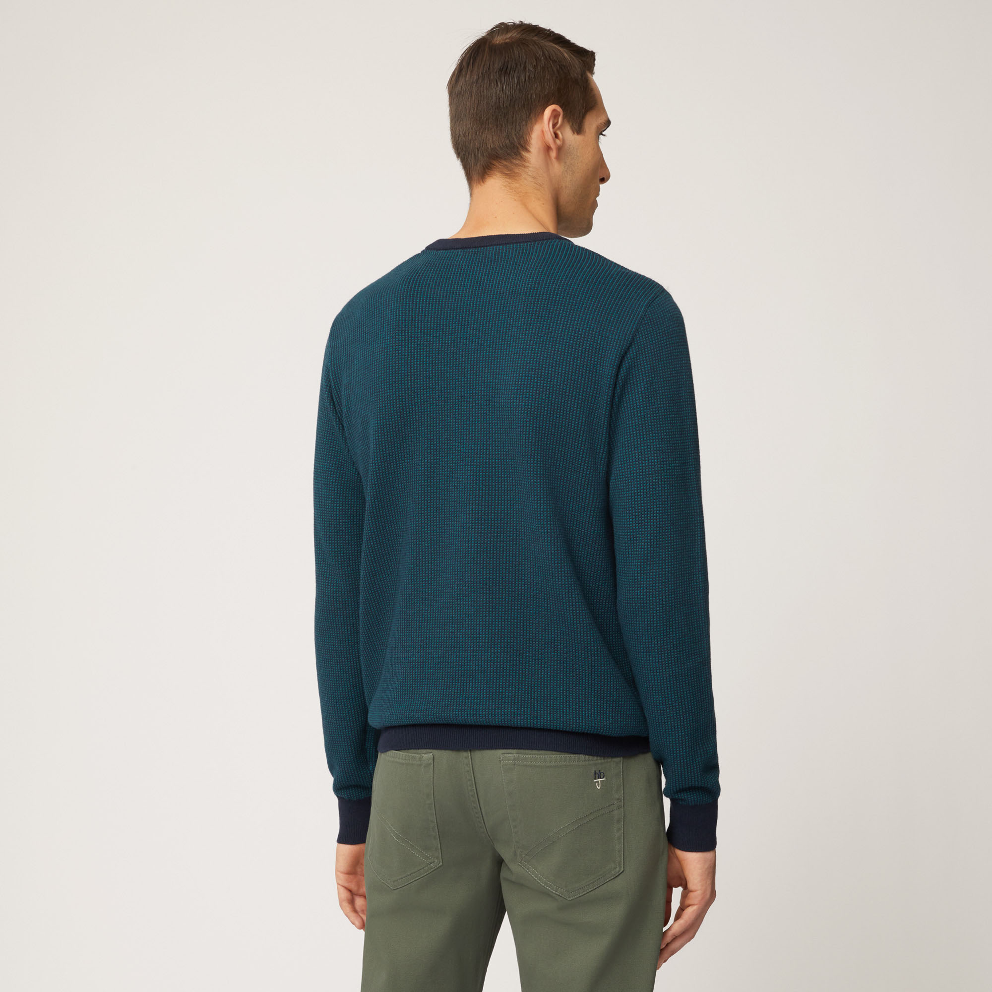 Pullover Girocollo In Cotone E Lana Bicolor, Verde Petrolio, large image number 1