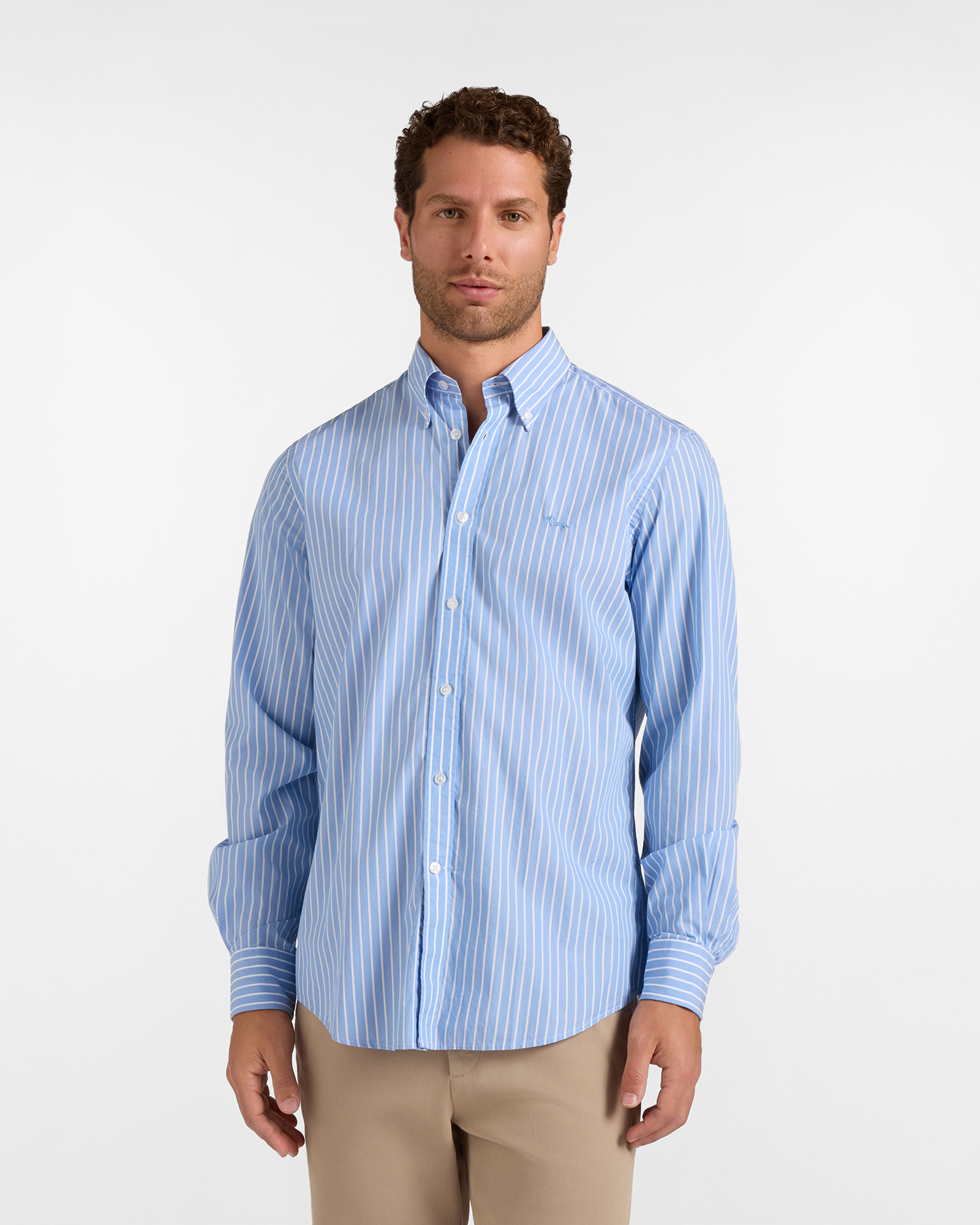 Men's regular-fit blue yarn-dyed shirt with wide stripe