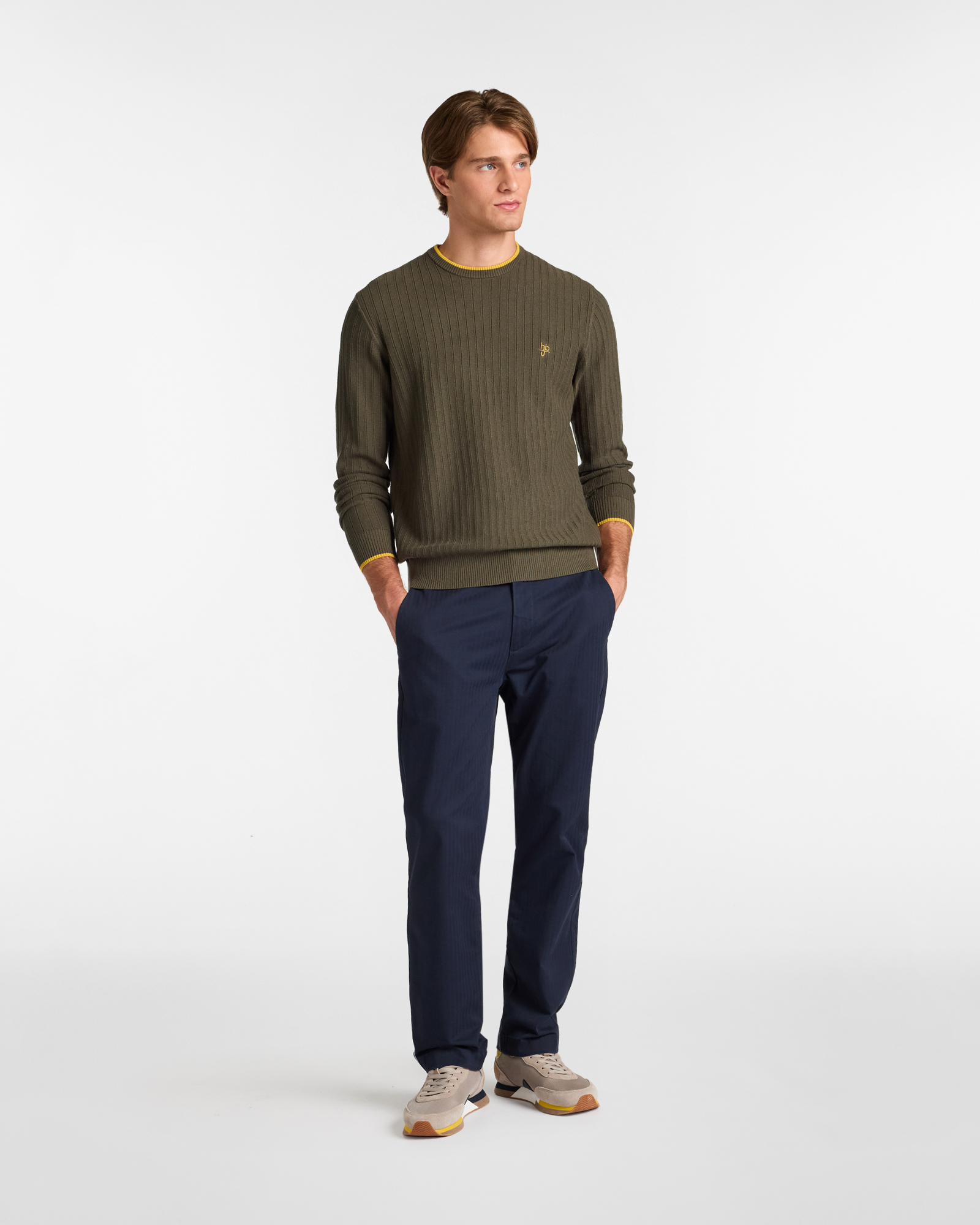 Crew Neck Sweater with Contrast Details, Olive Green, large image number 3