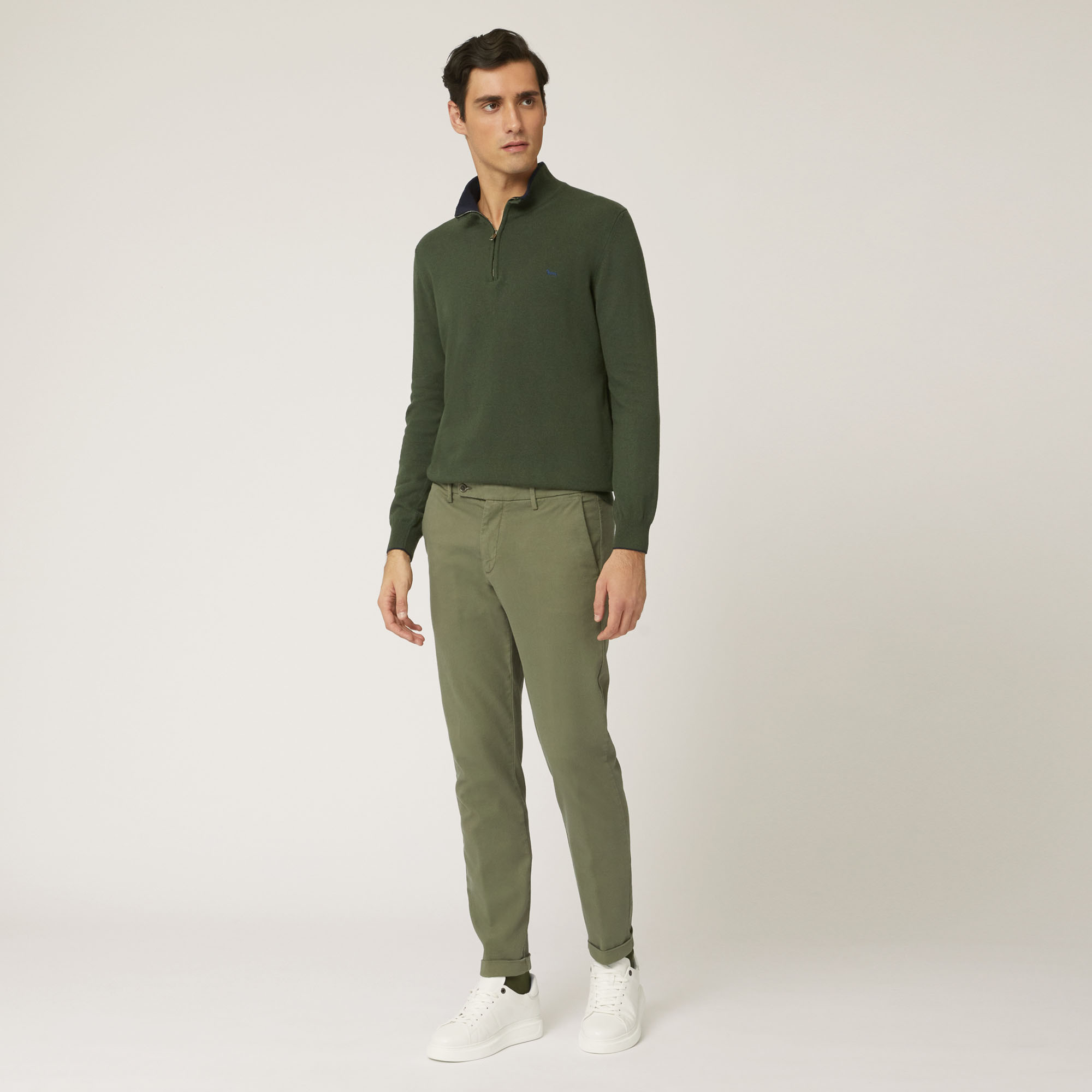 Pullover Girocollo Half Zip In Misto Lana, Verde Petrolio, large image number 3