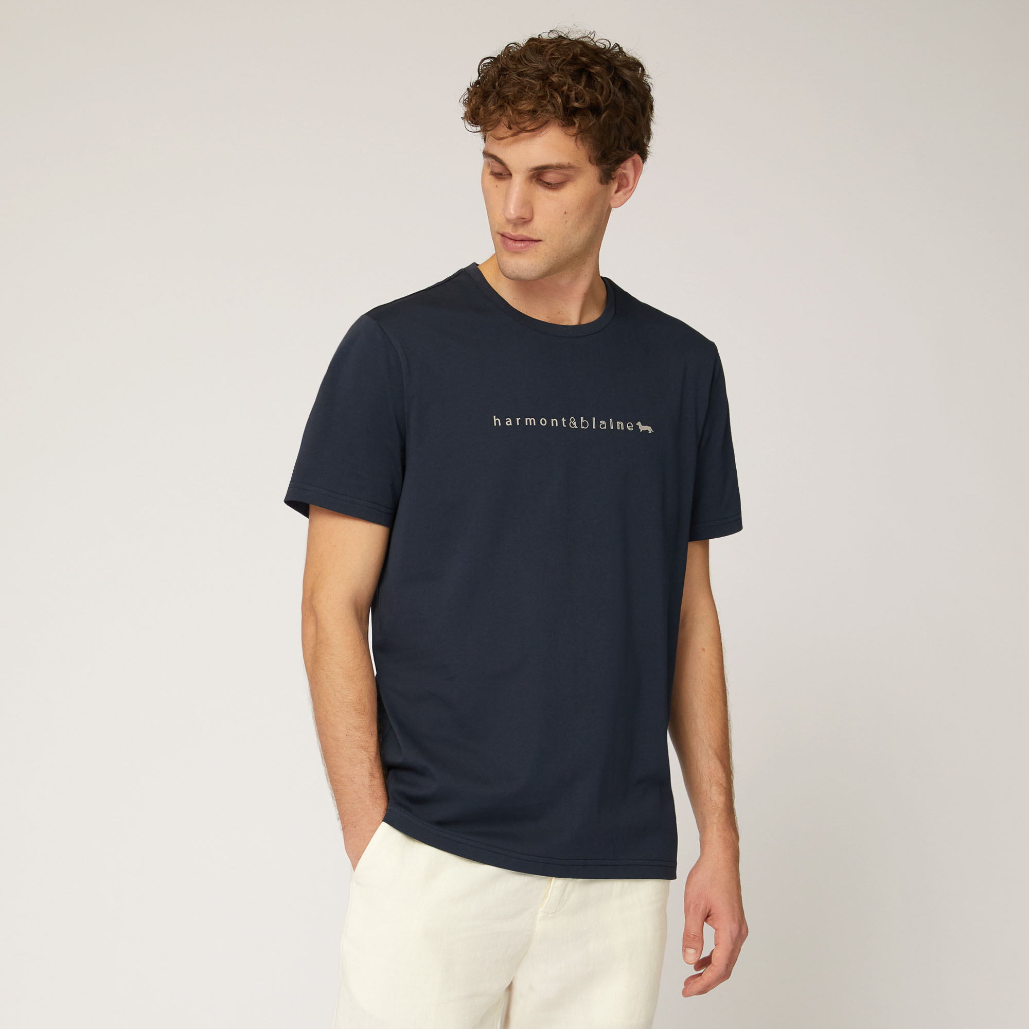 T-Shirt Con Lettering E Logo, Blu Navy, large