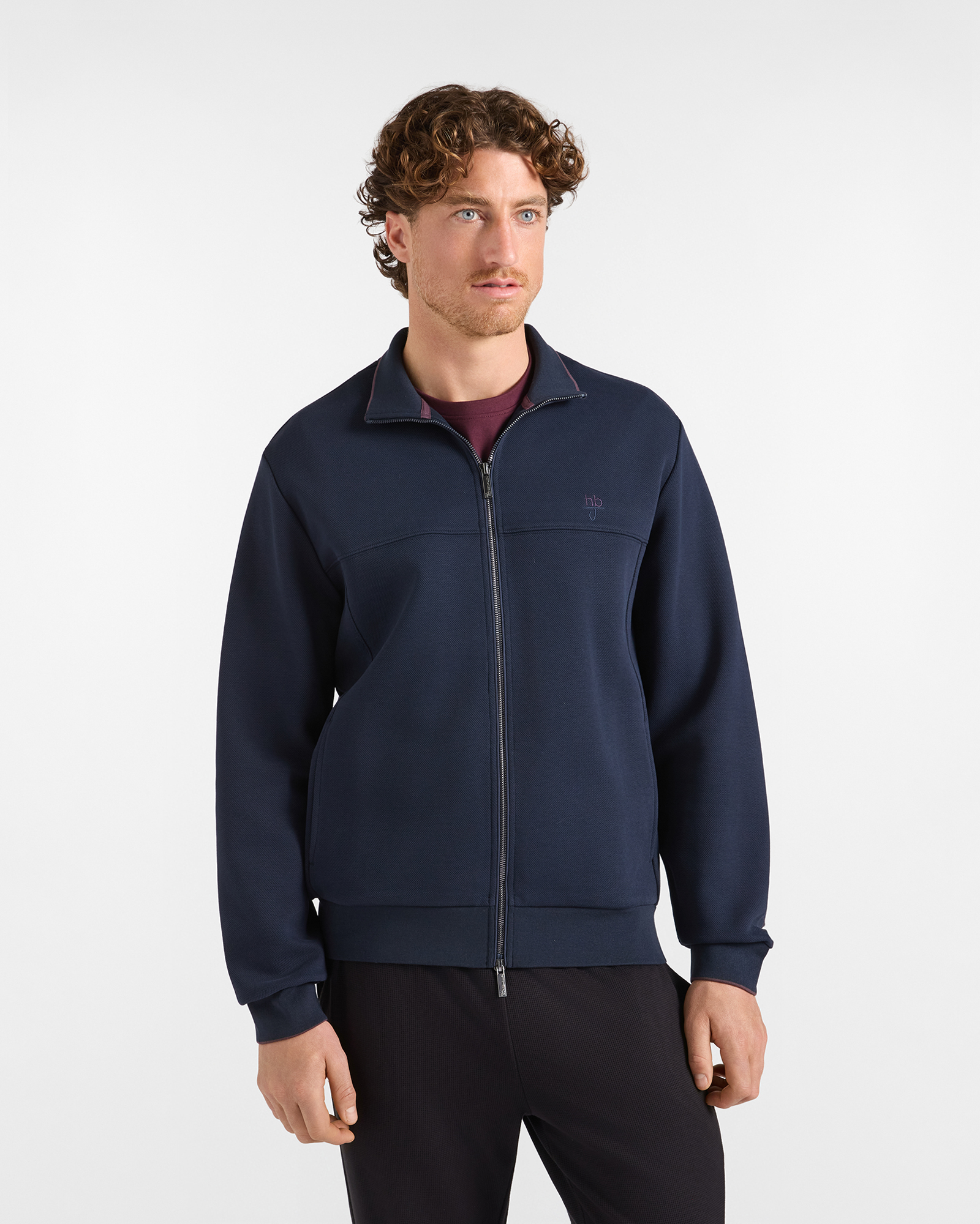 Felpa full zip HBJ Uomo blu con colletto rialzato con bordo a contrasto
