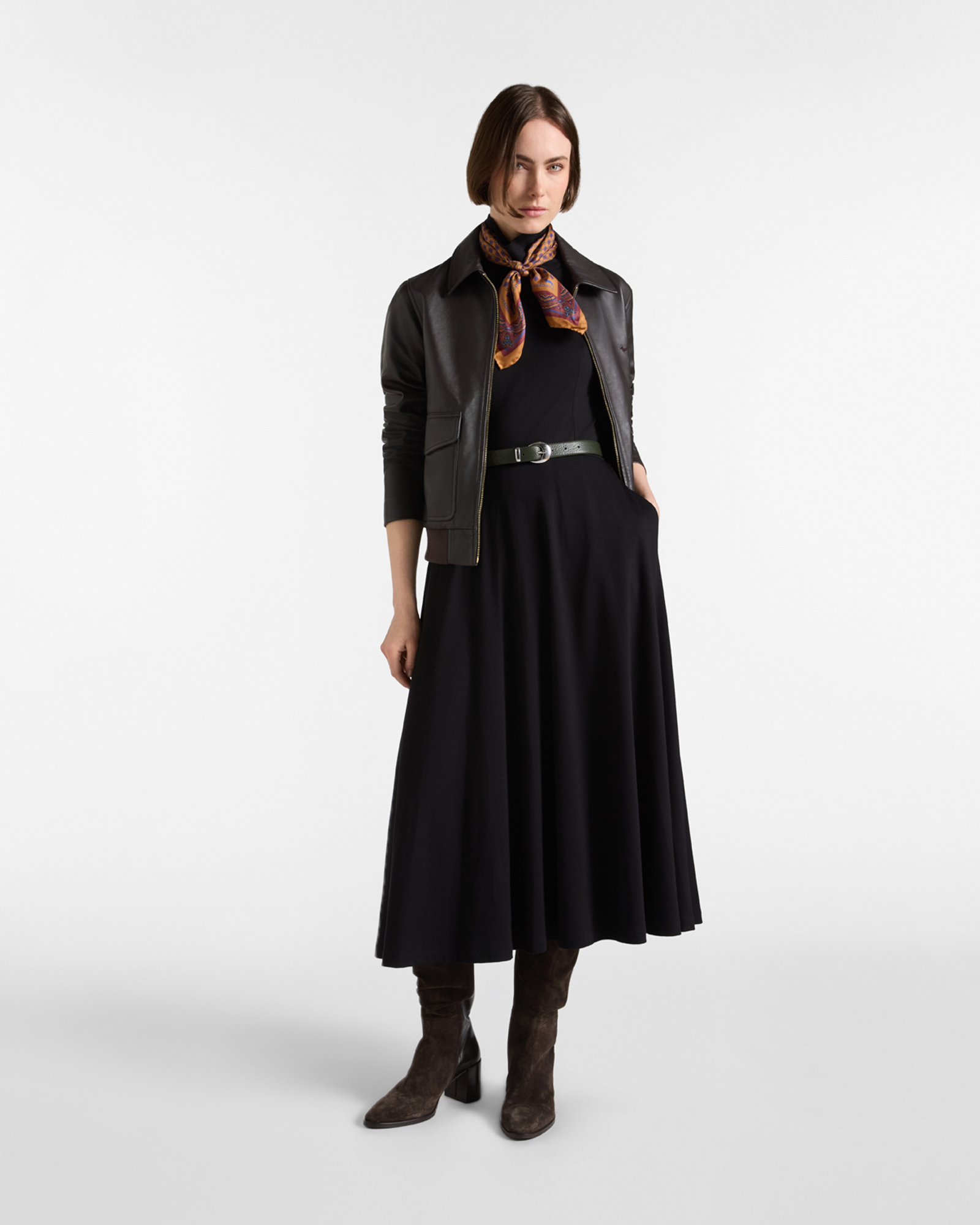 Women&rsquo;s short-sleeved, high-neck dress in  Milanese knit fabric, BLACK, large