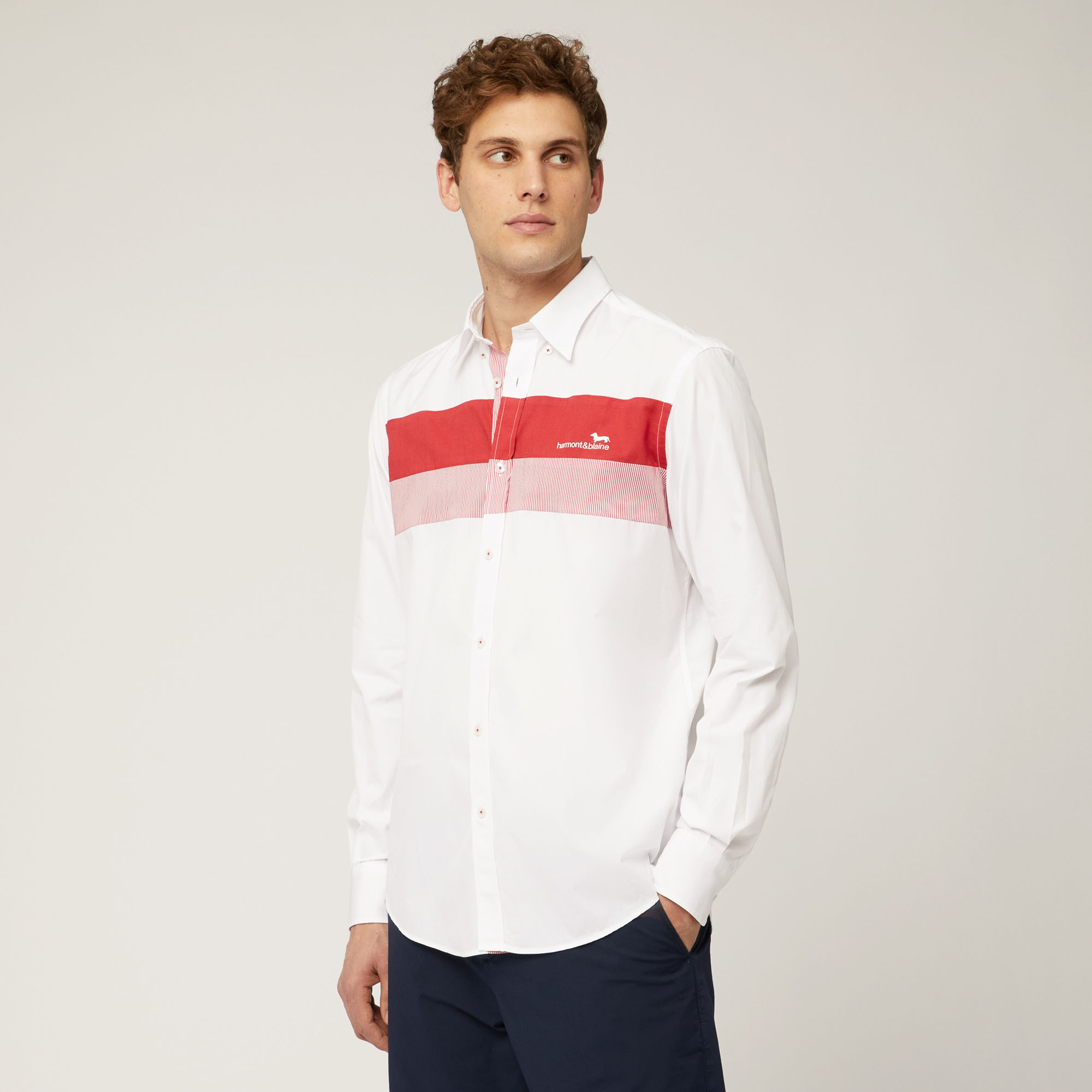 Camicia In Cotone Con Fasce A Contrasto E Logo, Rosso Chiaro, large