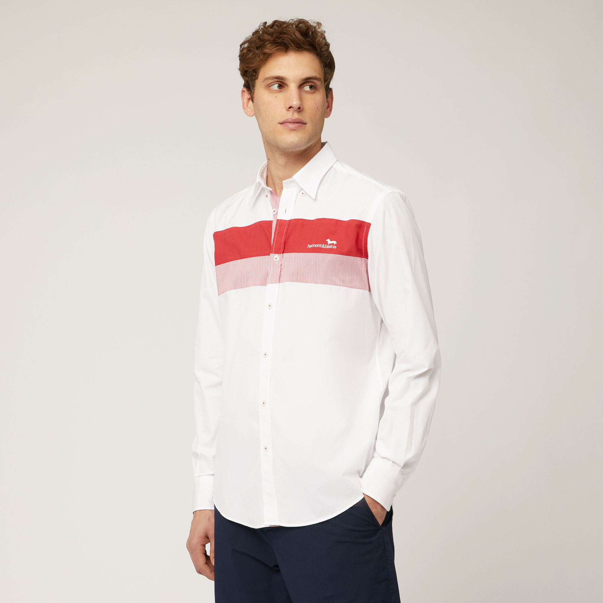 Cotton Shirt with Contrasting Bands and Logo, Light Red, large image number 0