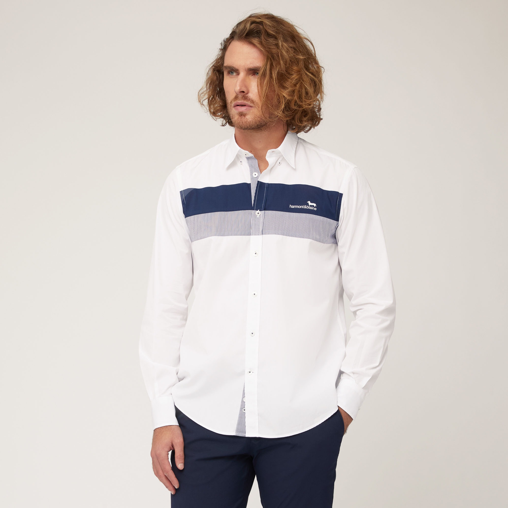Cotton Shirt with Contrasting Bands and Logo