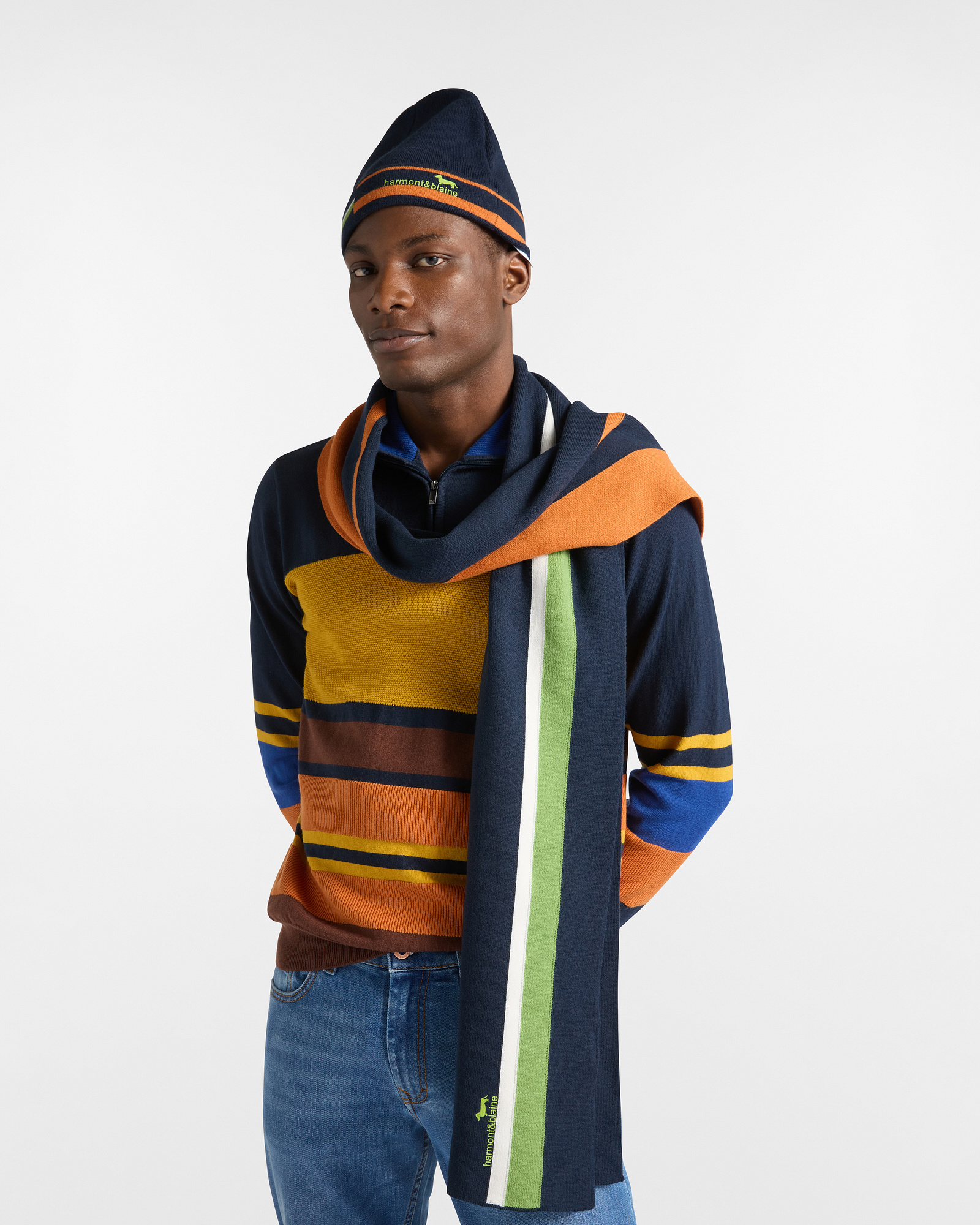 Wool Blend Scarf with Stripes, Navy Blue, large image number 2