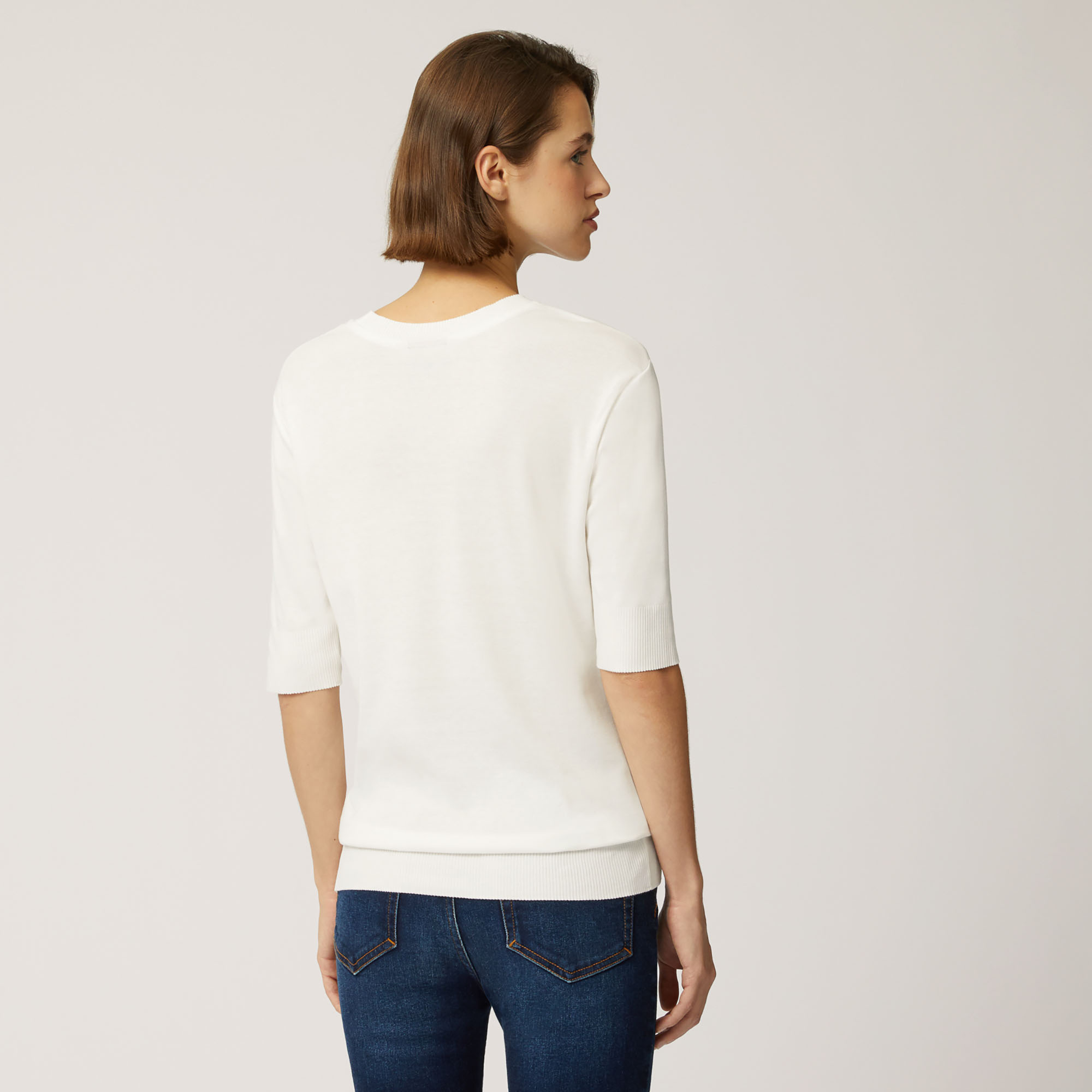 T-Shirt In Cotone E Modal Con Maniche A Tre Quarti, Bianco, large image number 1