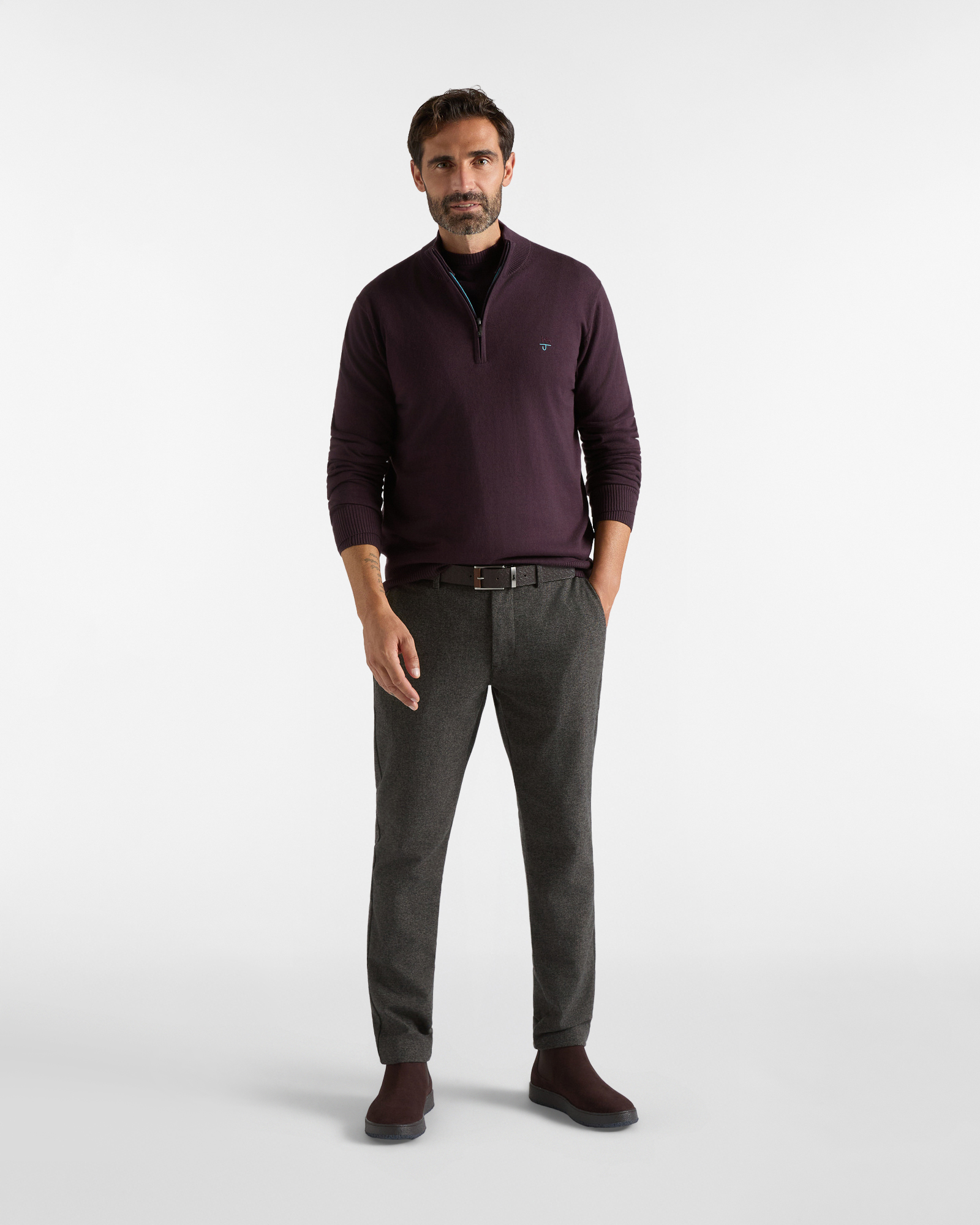 Maglia HBJ Uomo Half-Zip in Misto Lana e Cashmere, PRUGNA, large