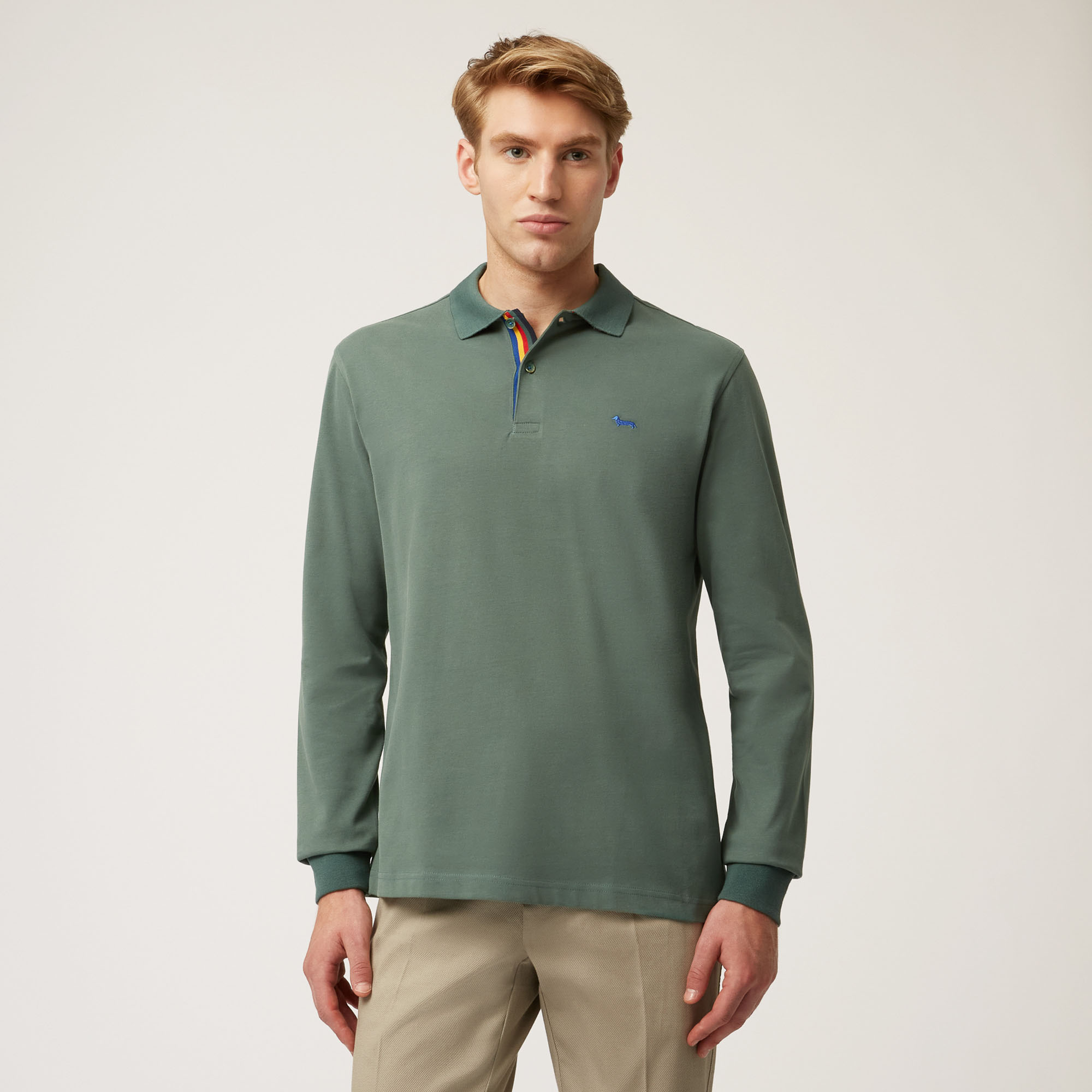 Long-Sleeved Cotton Polo Shirt With Contrasting Detail, Green, large