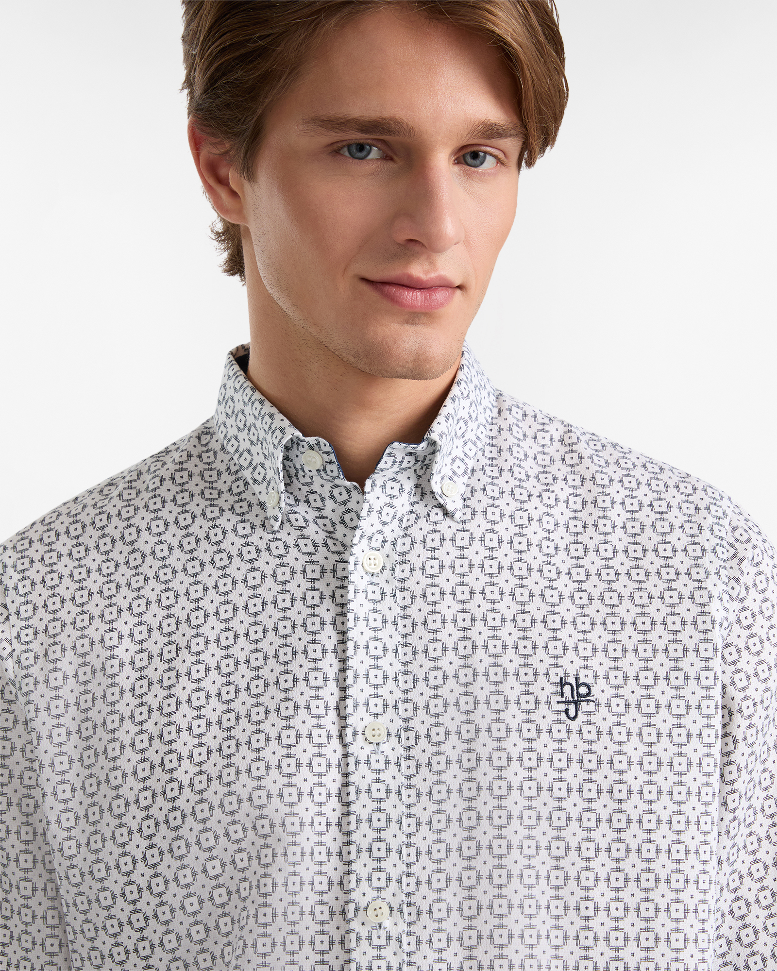 Camicia Fantasia Geometrica in Cotone, Beige, large image number 2