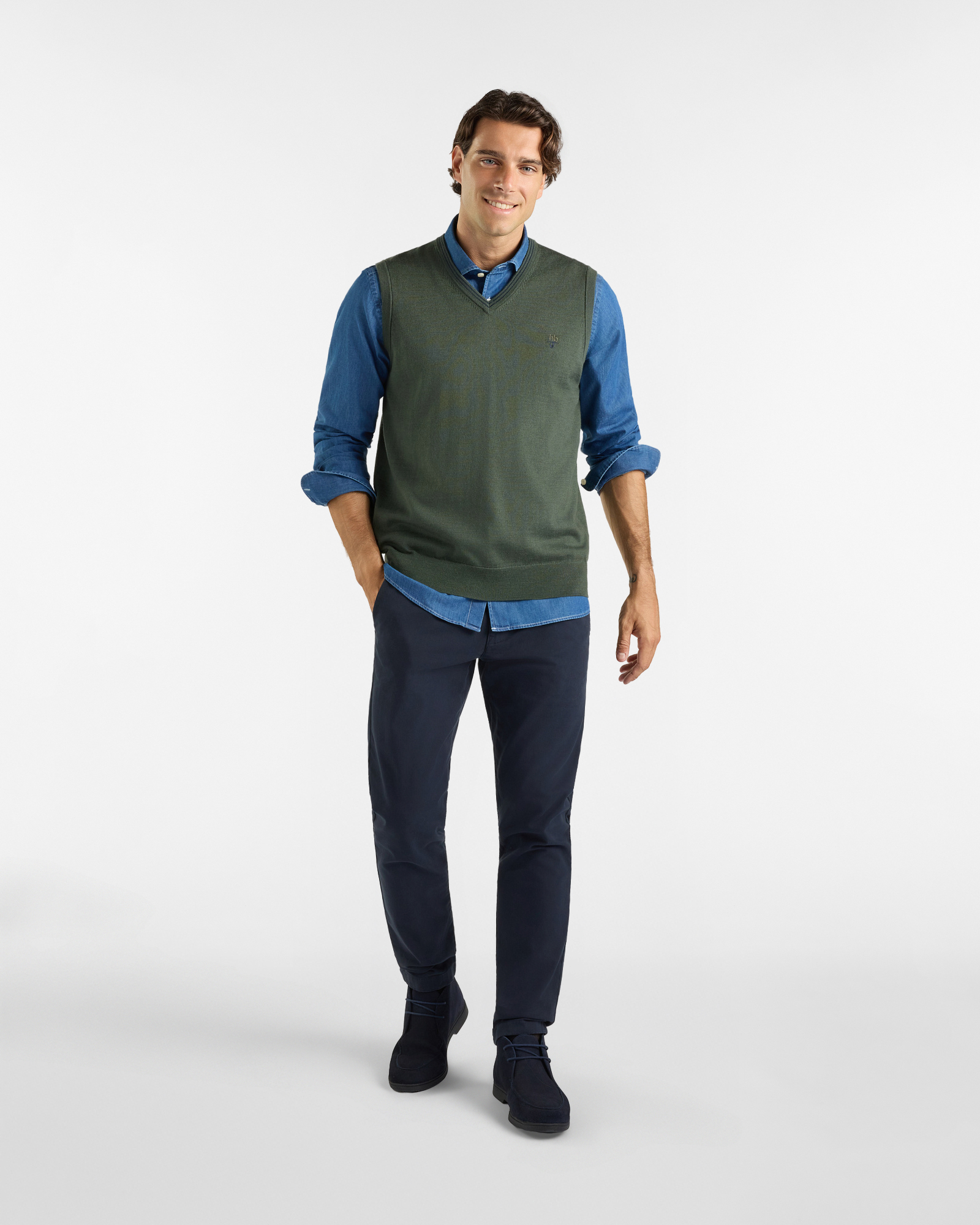 Gilet in maglia HBJ Uomo in pura lana, VERDE, large