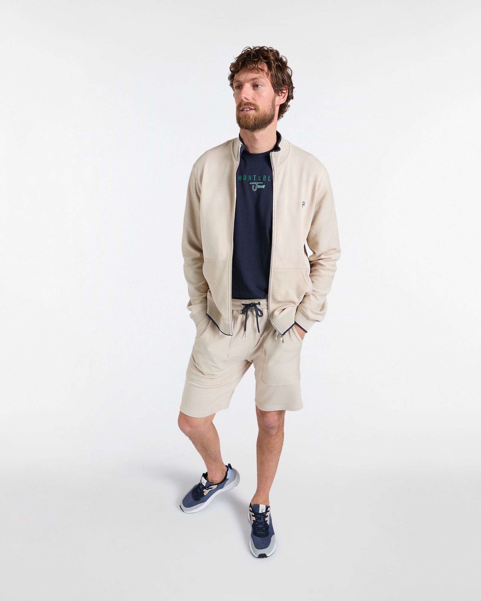 Felpa Uomo Full Zip e Tasche in Tessuto Reverse, Beige, large image number 3