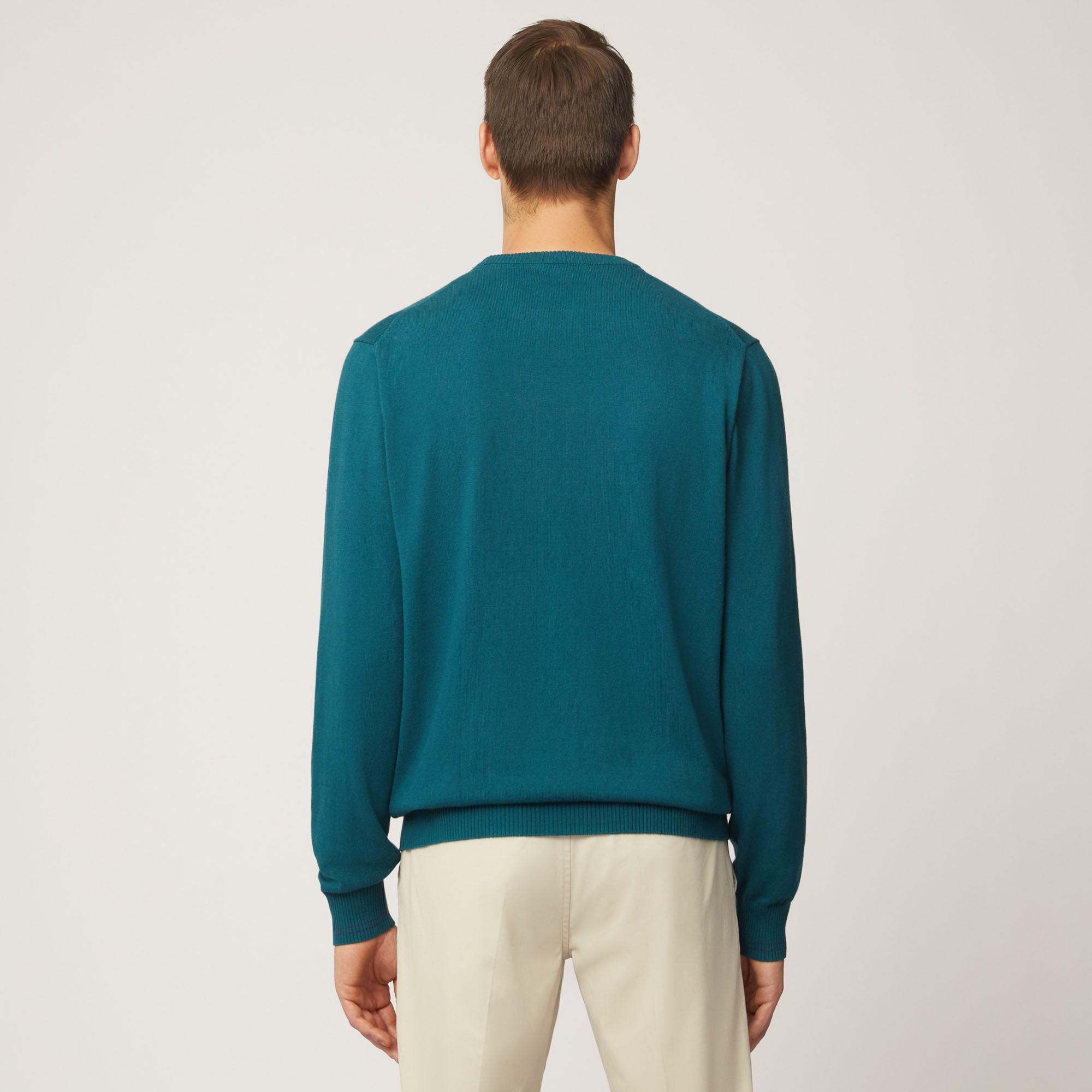 Pullover Girocollo Con Dettaglio A Contrasto Sui Polsi, Verde Petrolio, large image number 1
