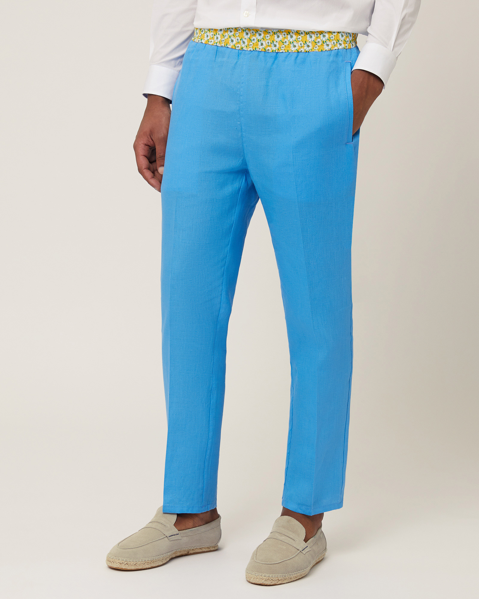 Linen Pants with Daisies, Light Blue, large