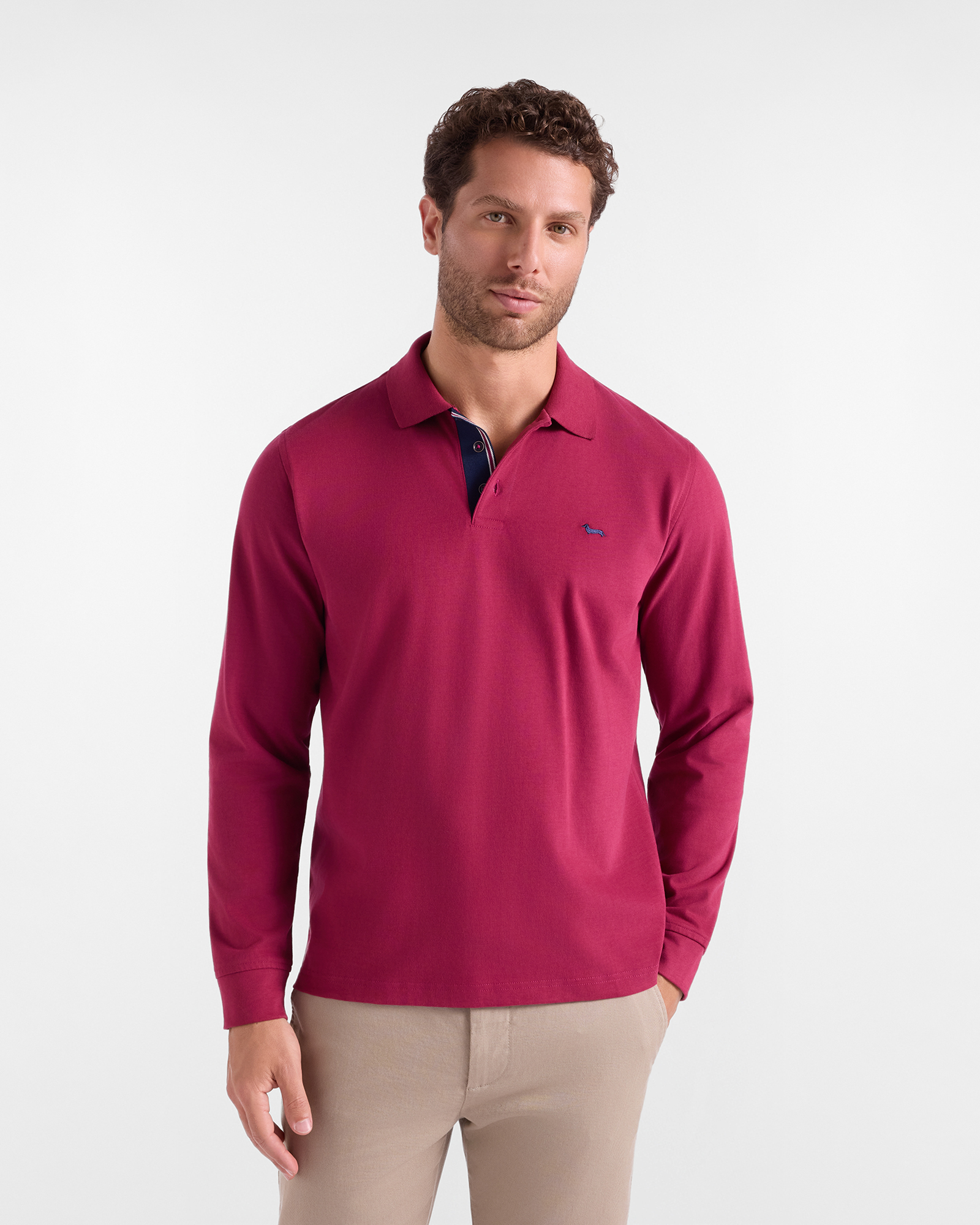 Men's long-sleeve indian rose 100% pure cotton brushed jersey polo shirt