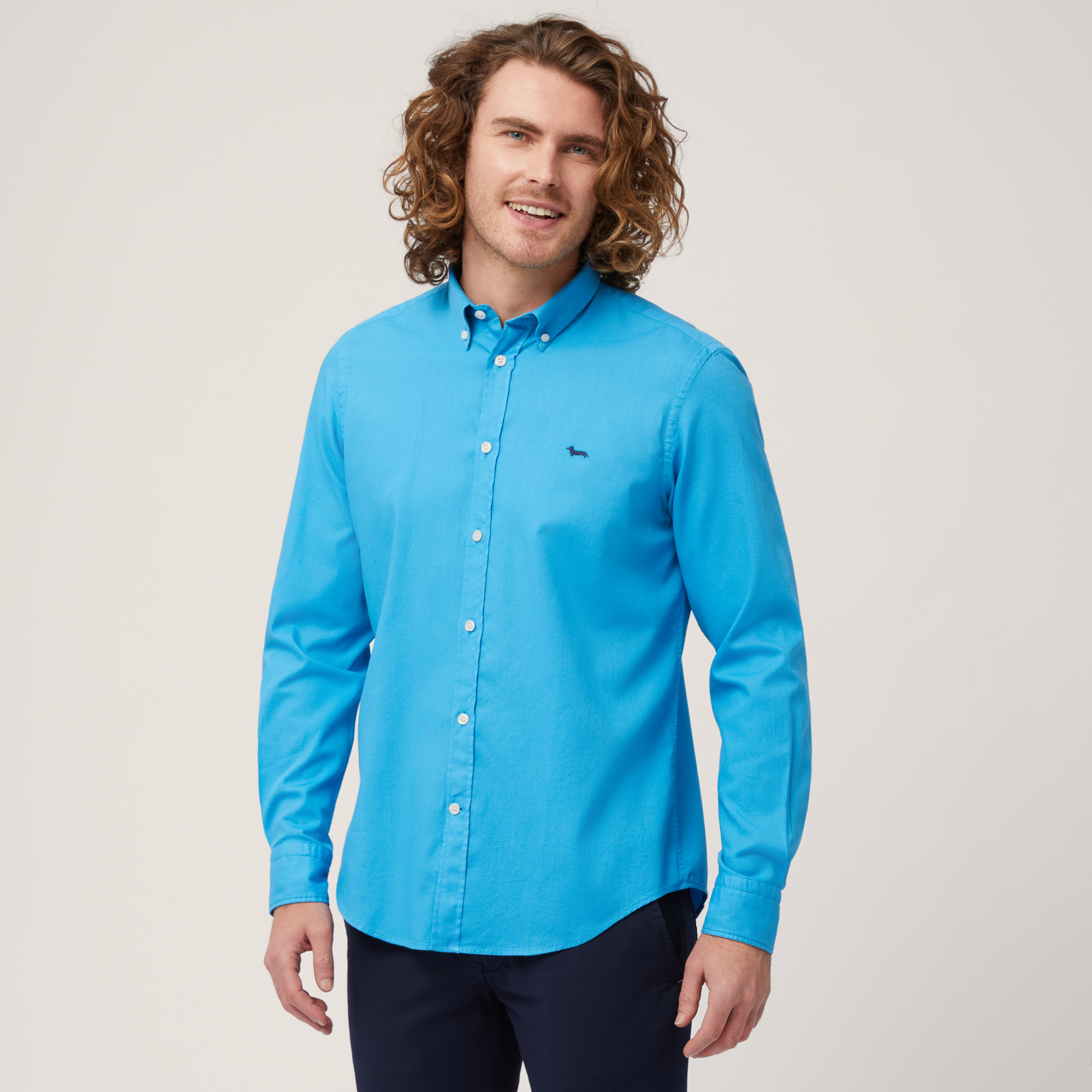 Camisa de algodón con interiores a contraste, Azul, large
