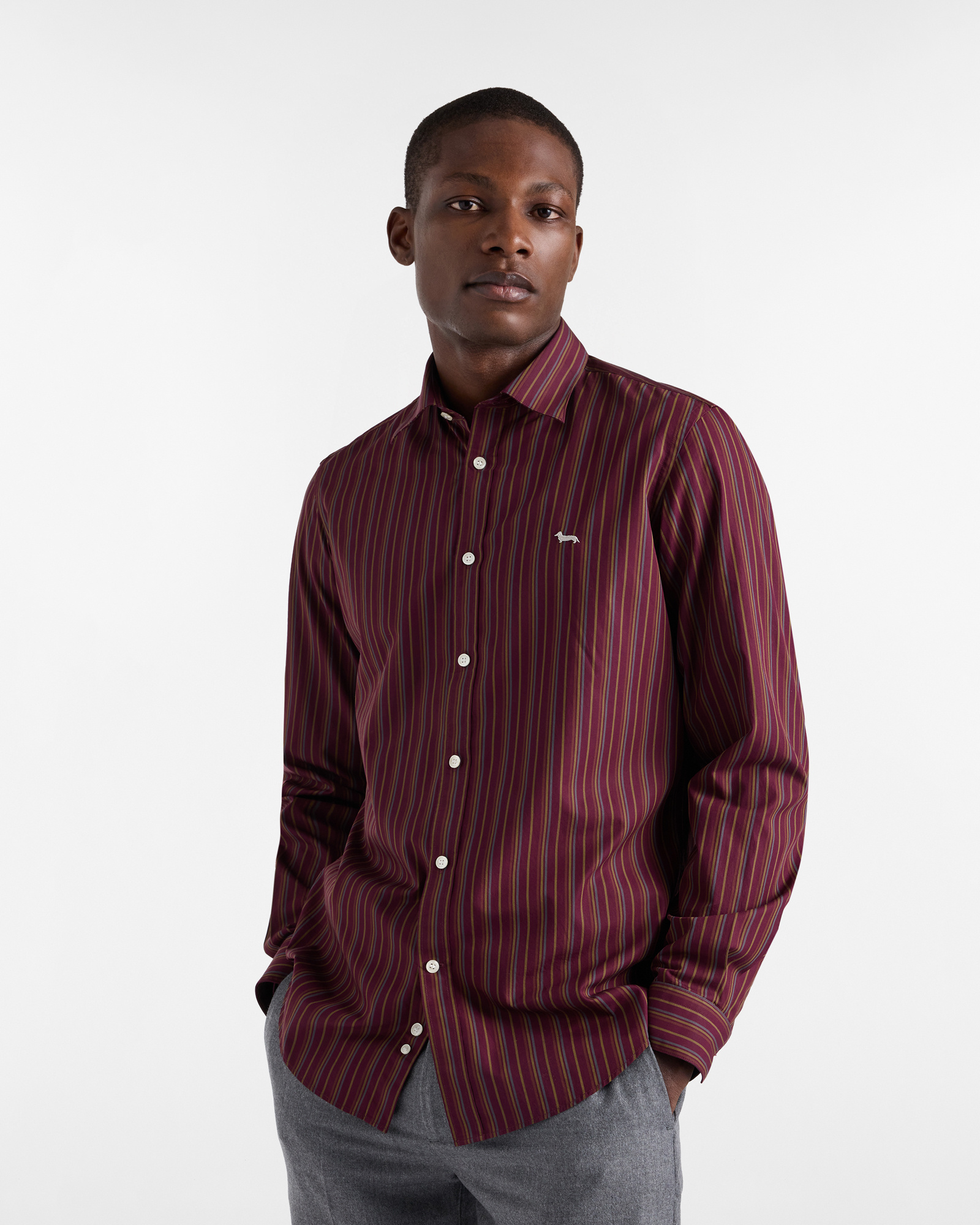Striped Cotton Shirt, Dark Red, large