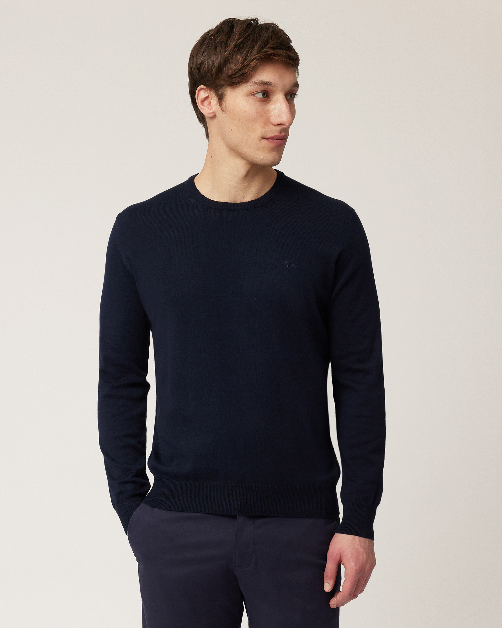 Cotton Crew Neck Pullover, Navy Blue, large