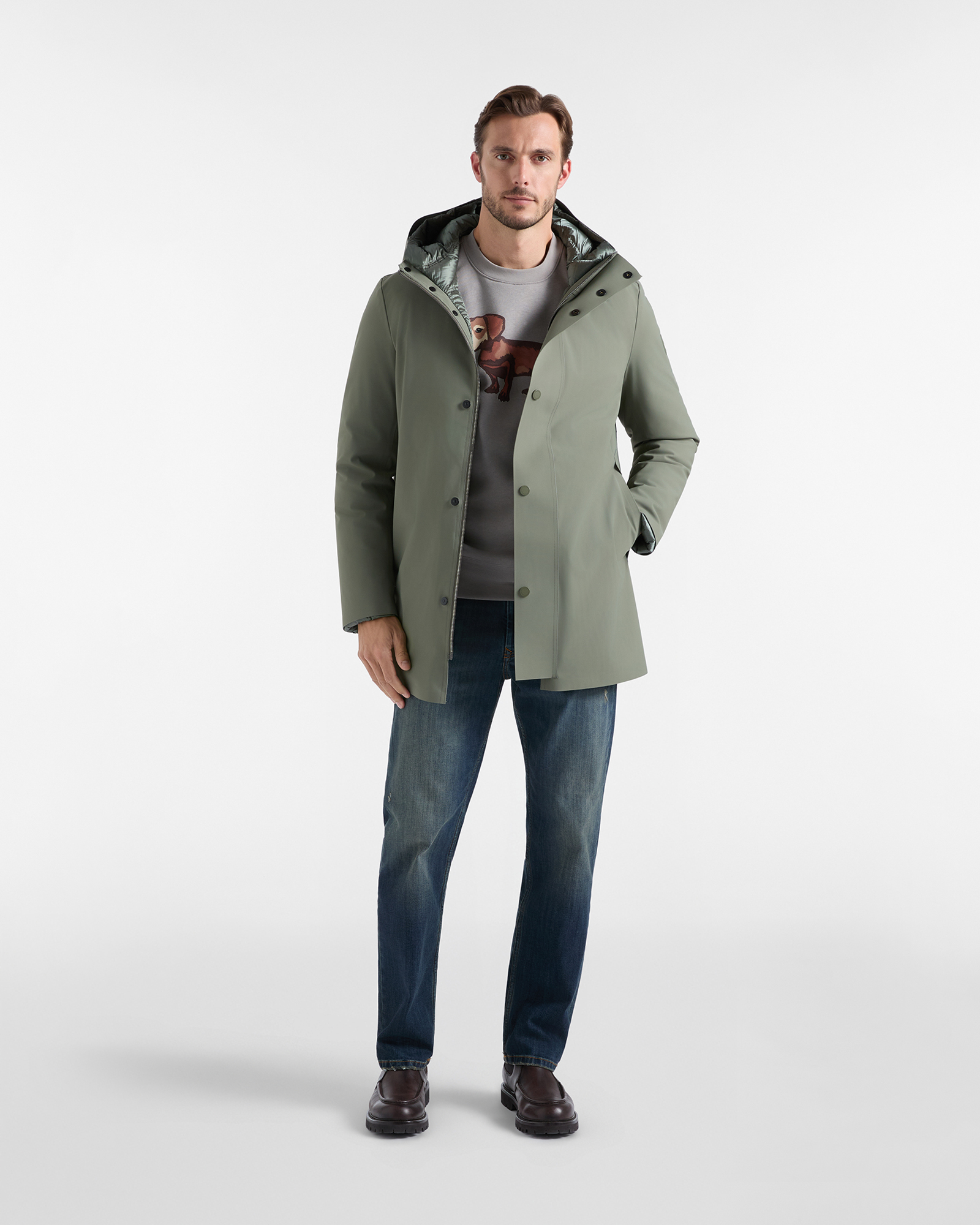 Men&rsquo;s Technical Padded Stretch Nylon Trench Coat, PETROLEUM GREEN, large