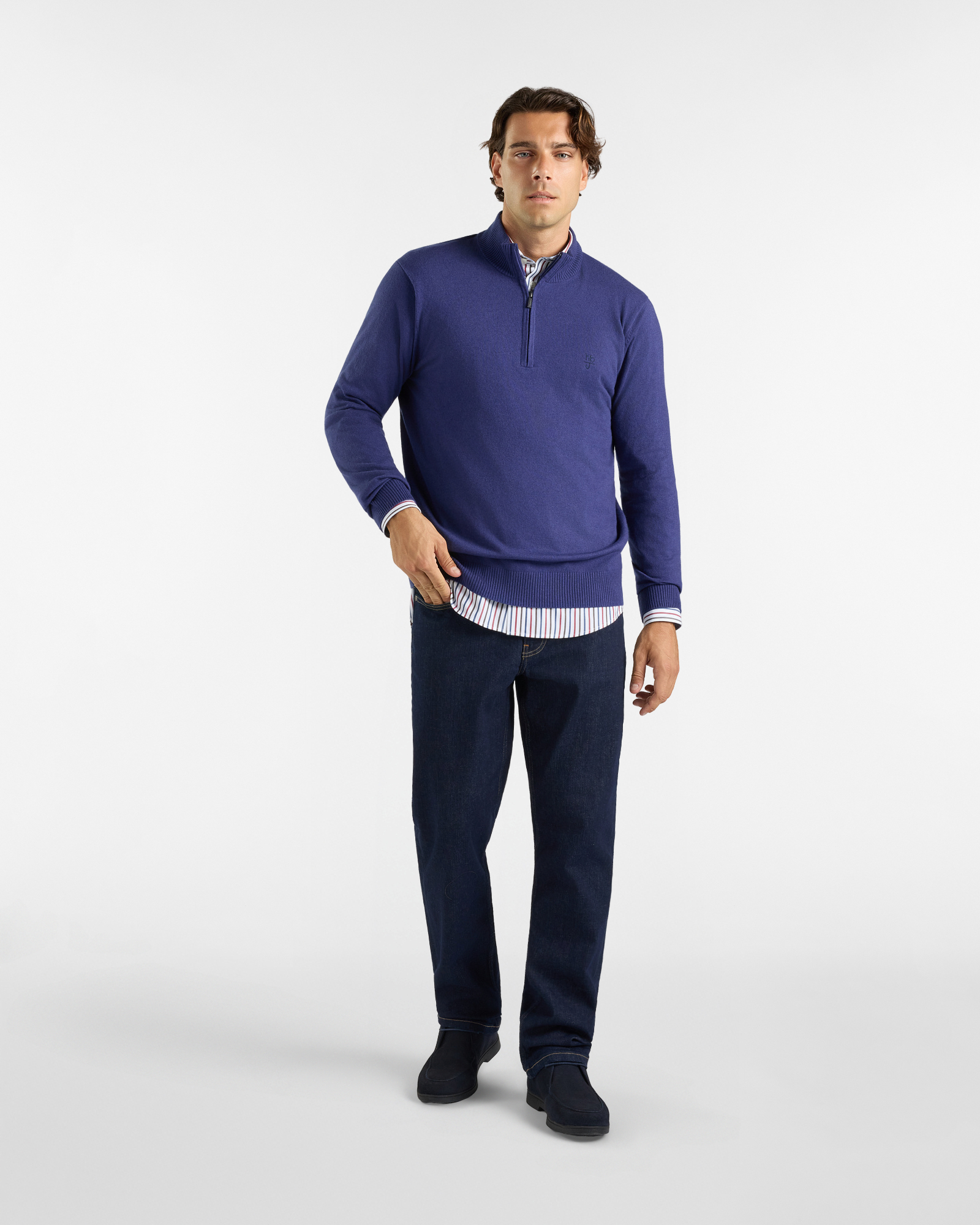 Maglia HBJ Uomo in Punto Cardato Half-Zip in Misto Lana e Cashmere, BLU, large