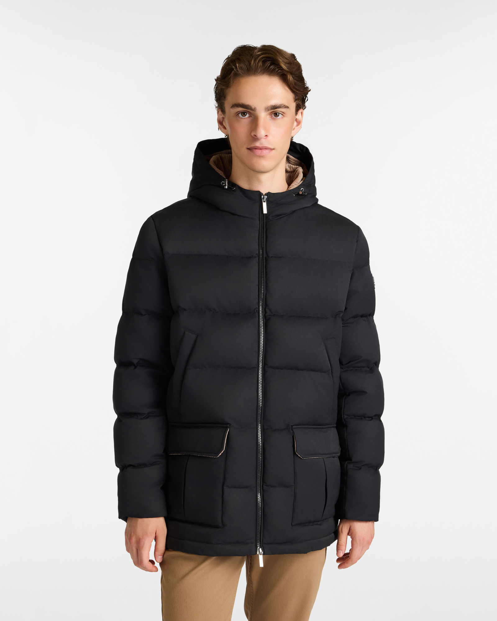 Long Quilted Down Jacket with Hood and Velvet Interior Details, Black, large