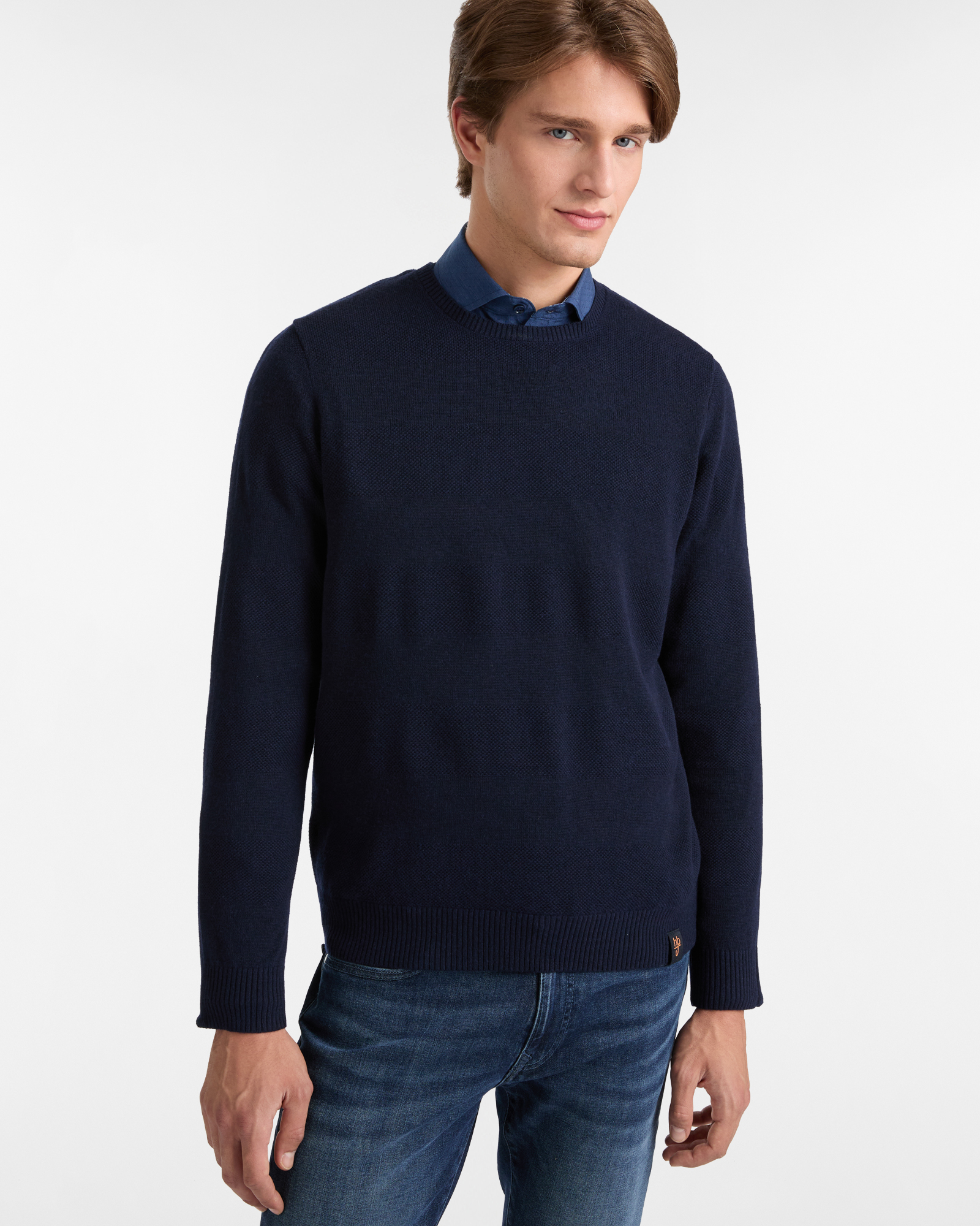Crew Neck Sweater with Embossed Design, Dark Blue, large