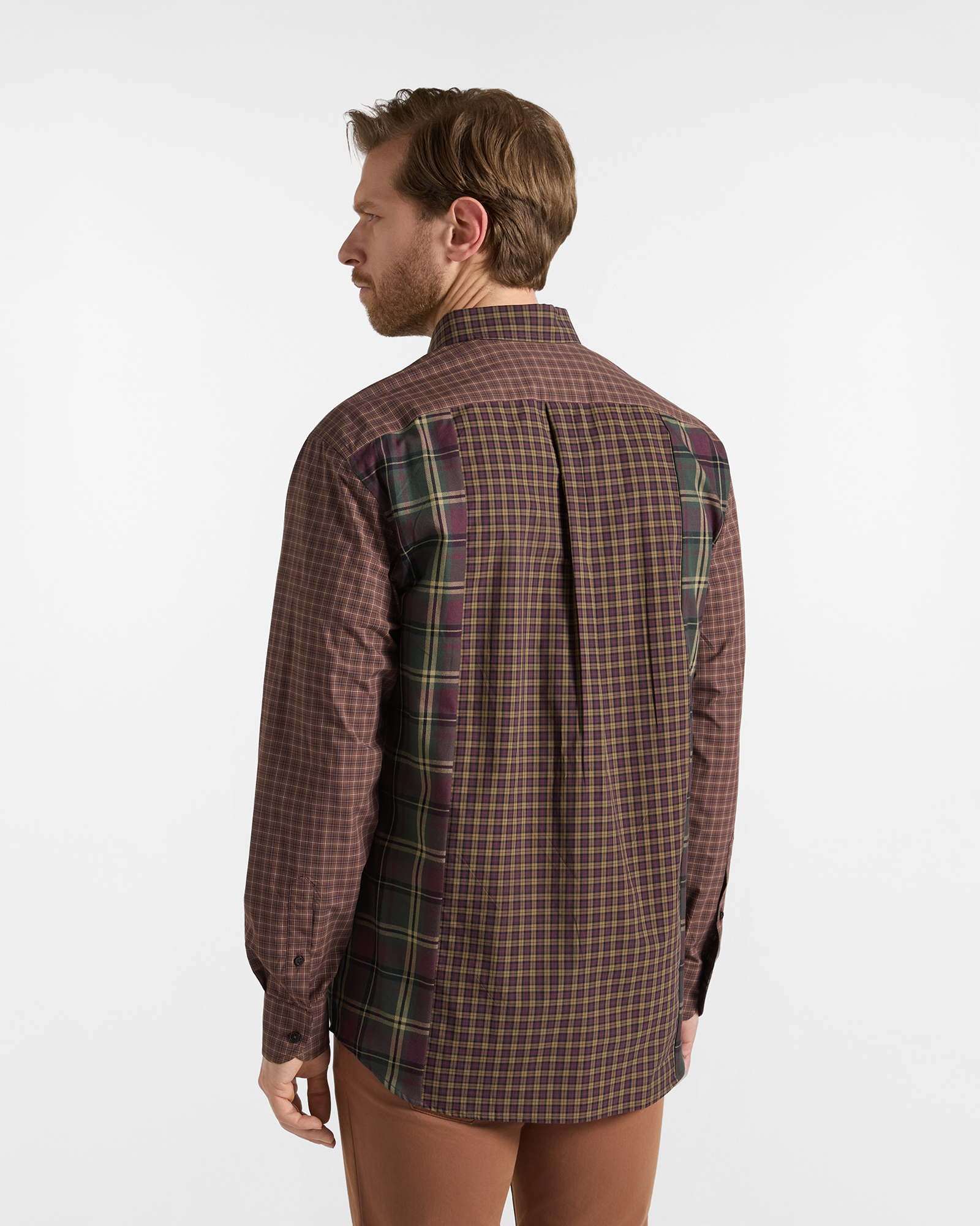 Men's classic fit pop check patchwork shirt, BROWN, large
