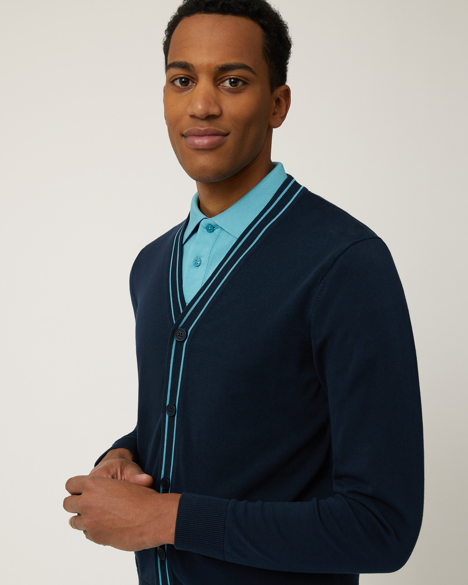 Cardigan with Striped Details, Dark Blue, large image number 2