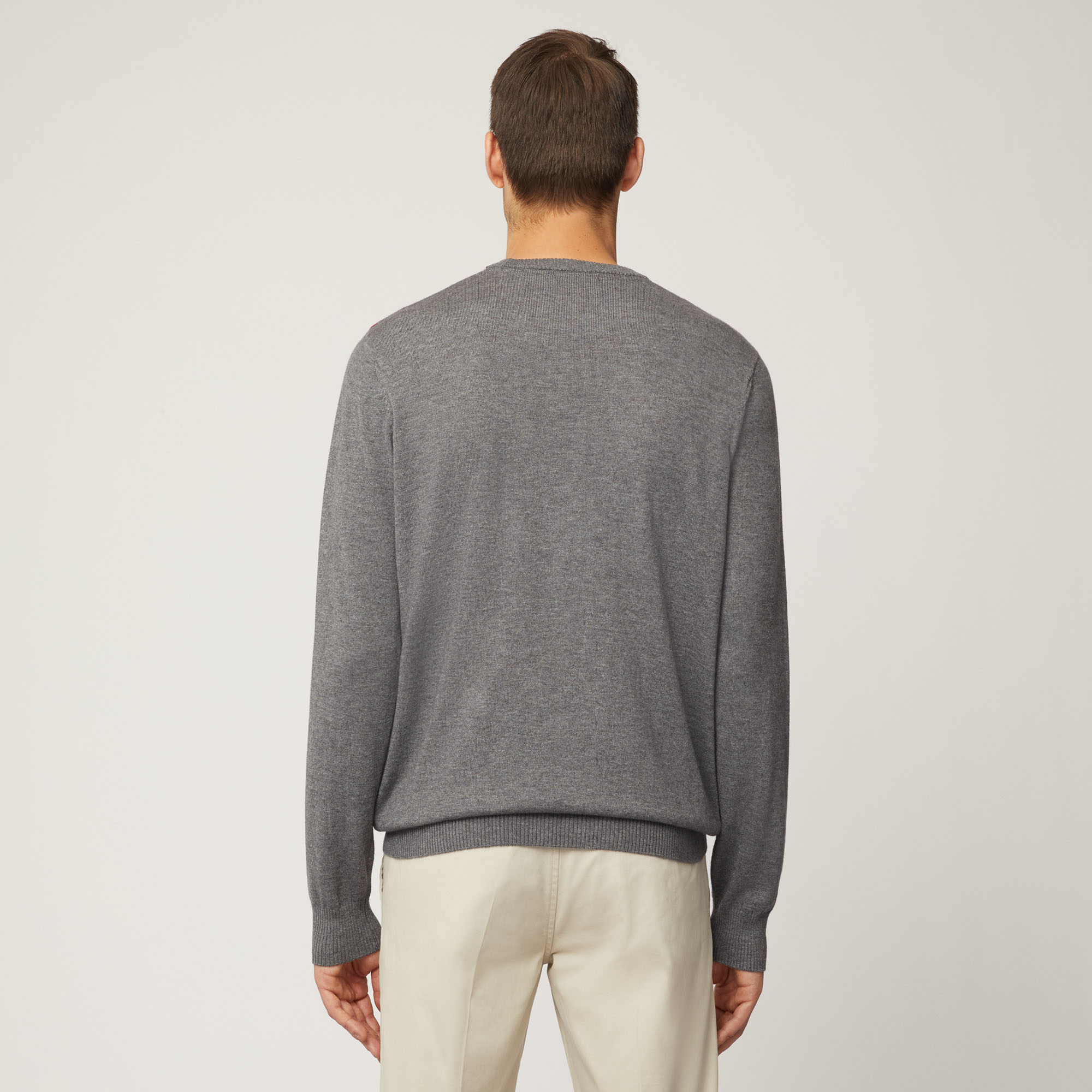 Pullover Girocollo In Misto Lana Con Fantasia Sul Davanti, Grigio Acciaio, large image number 1