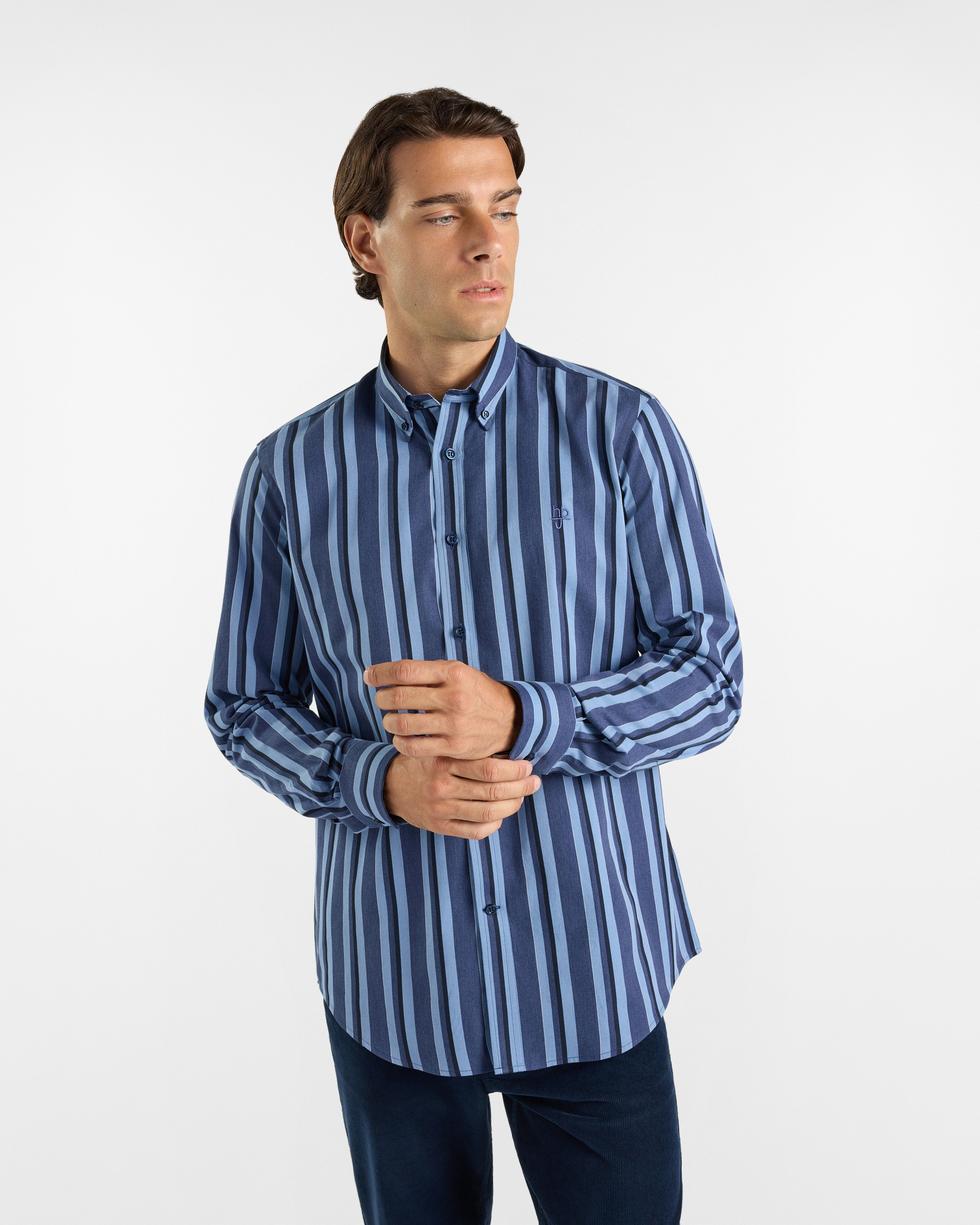 HBJ Men&rsquo;s Regular Fit Shirt with Monte Carlo Collar in Pure Cotton with Denim Blue Stripes