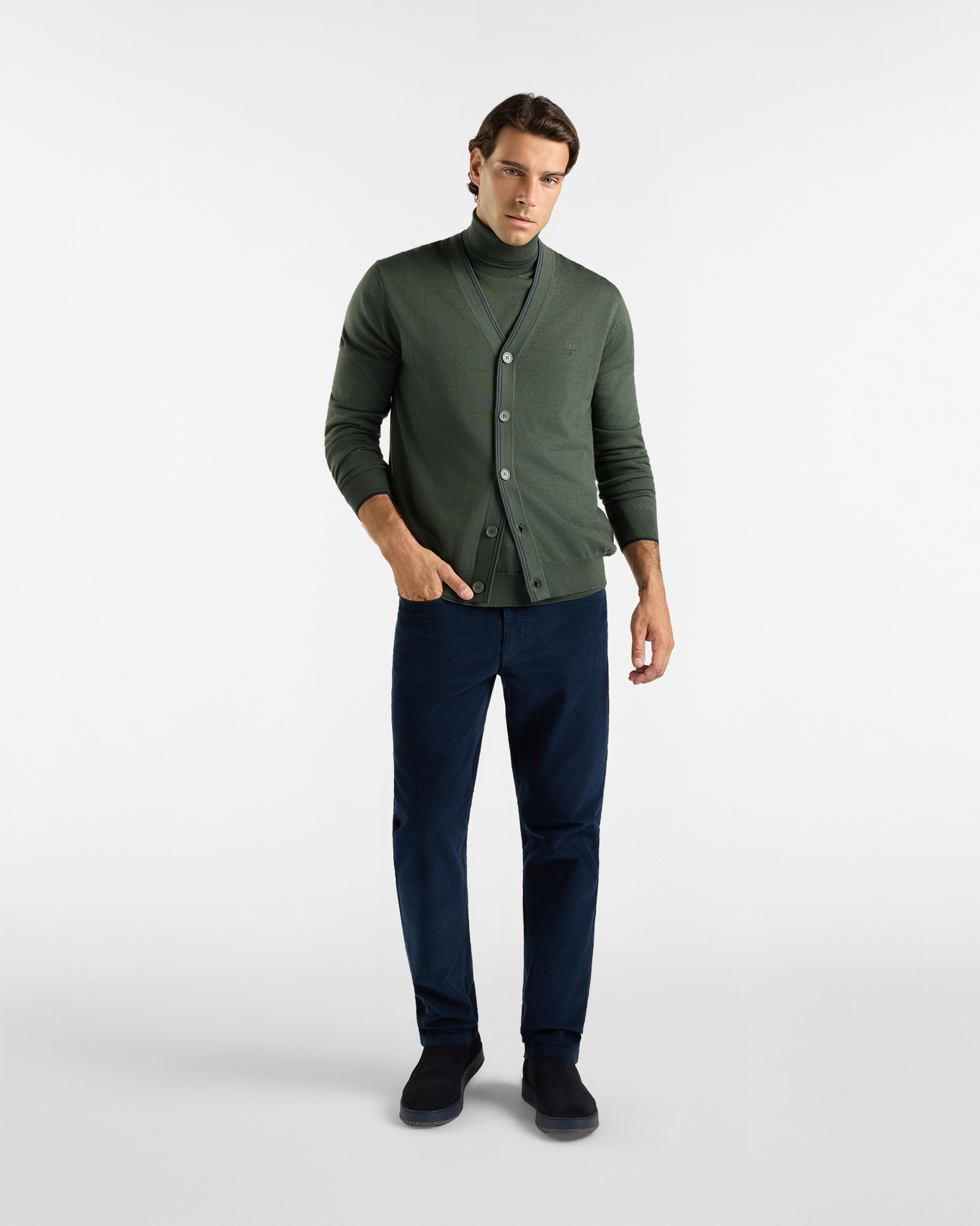 Cardigan HBJ Uomo in pura lana Merino, VERDE, large