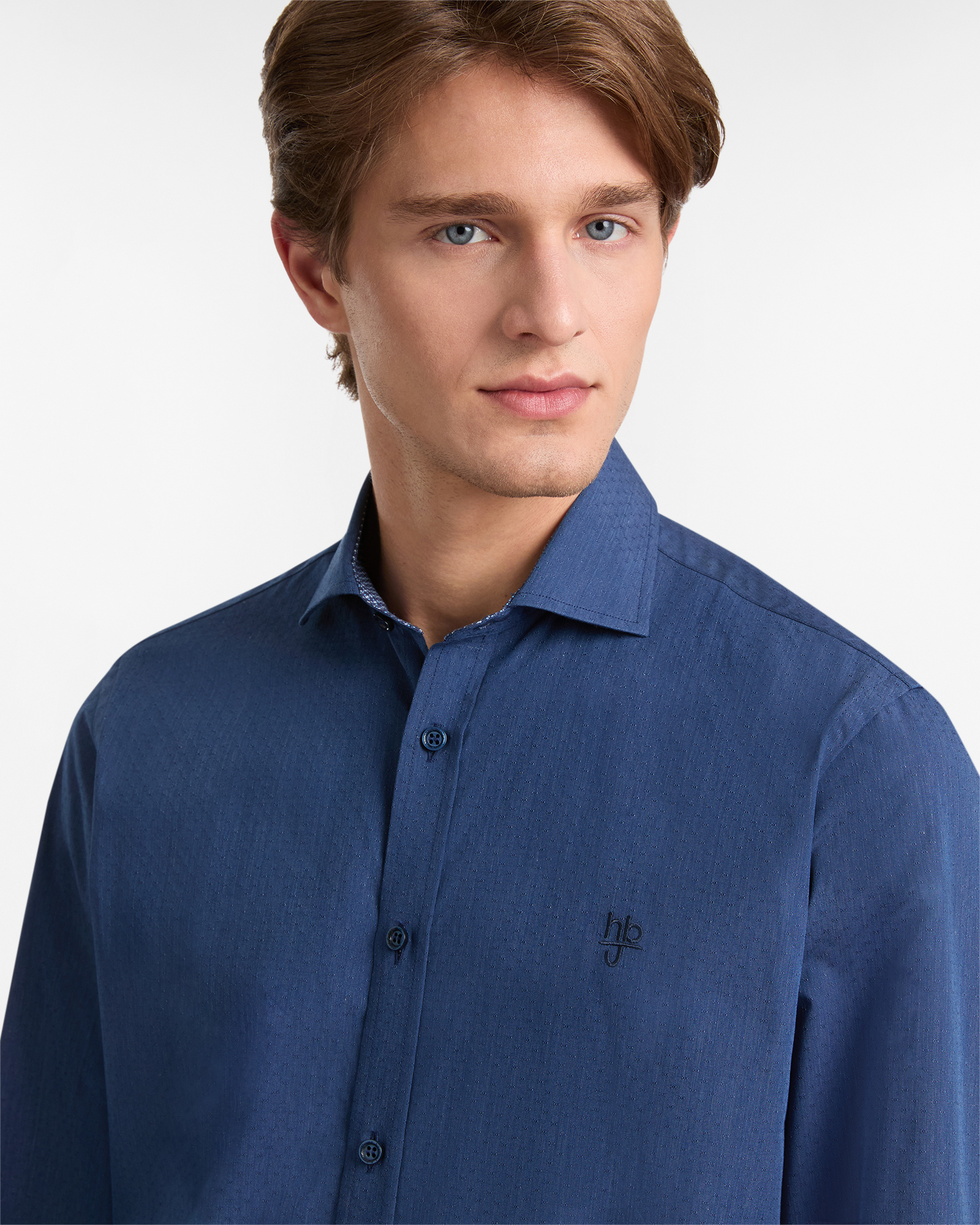 Cotton Shirt with Micro-Texture and French Collar, Dark Blue, large image number 2