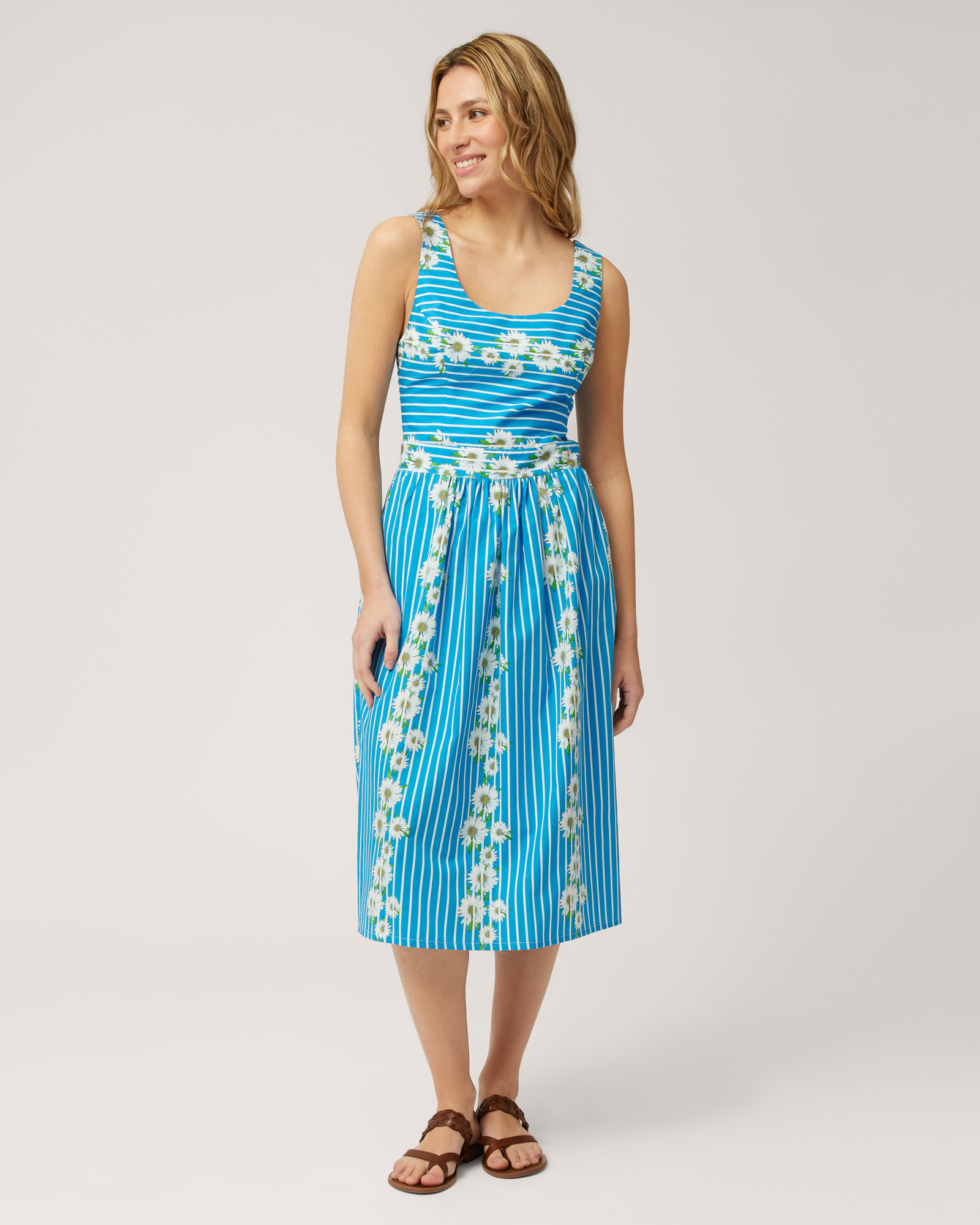 Midi Dress with Stripes and Daisies