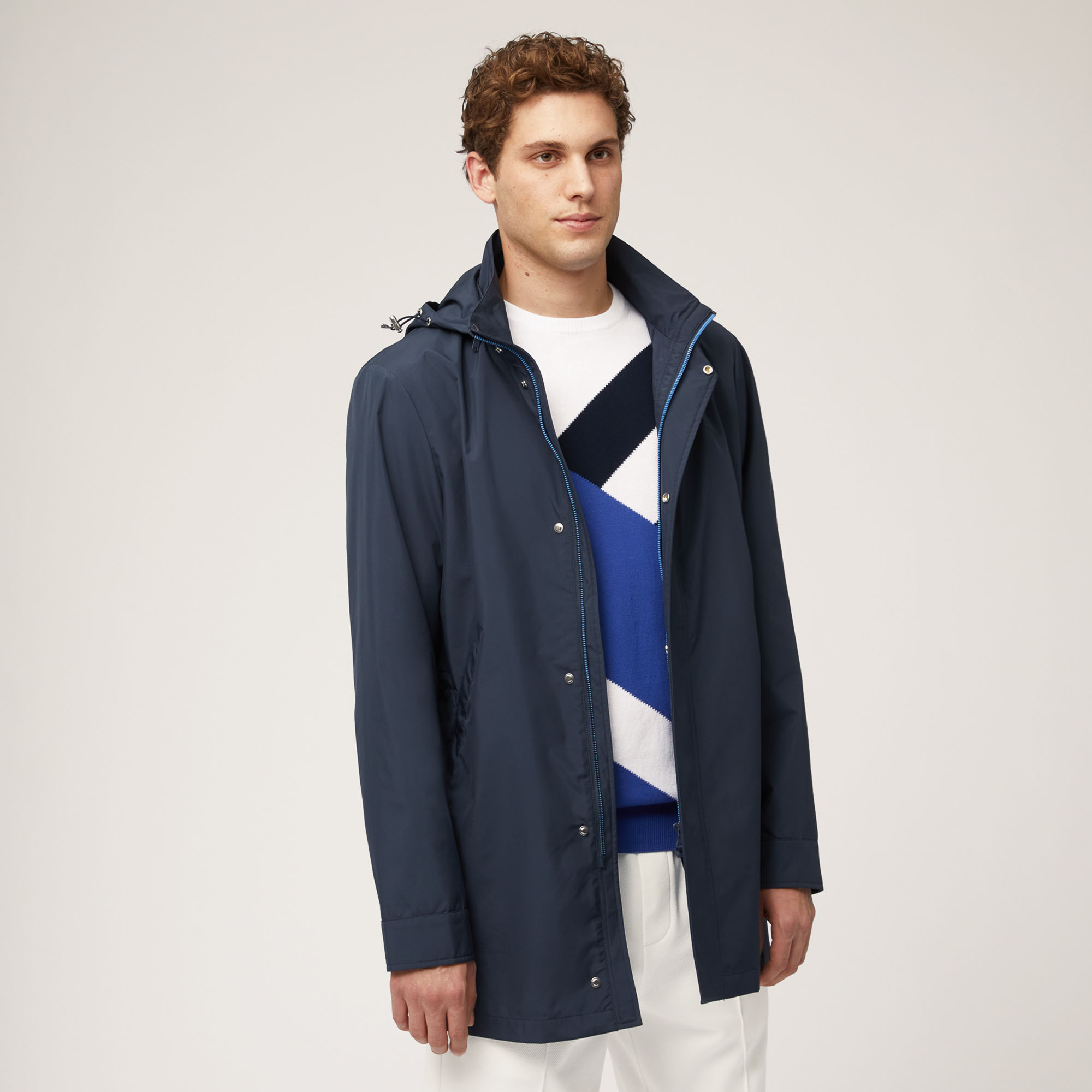 Trench In Nylon Tecnico Con Cappuccio, Blu Navy, large image number 0