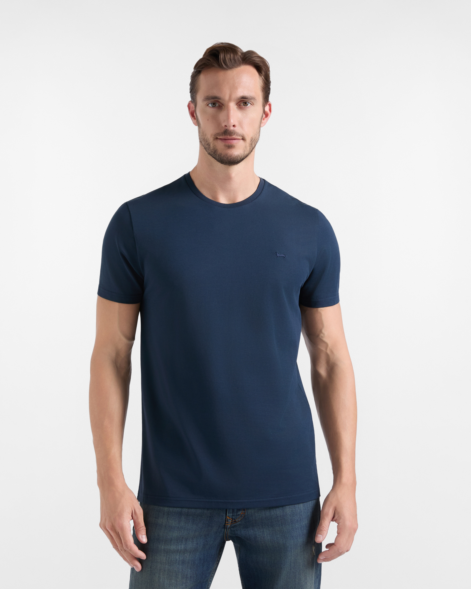 Camiseta de hombre en mezcla de algod&oacute;n y seda azul corte regular