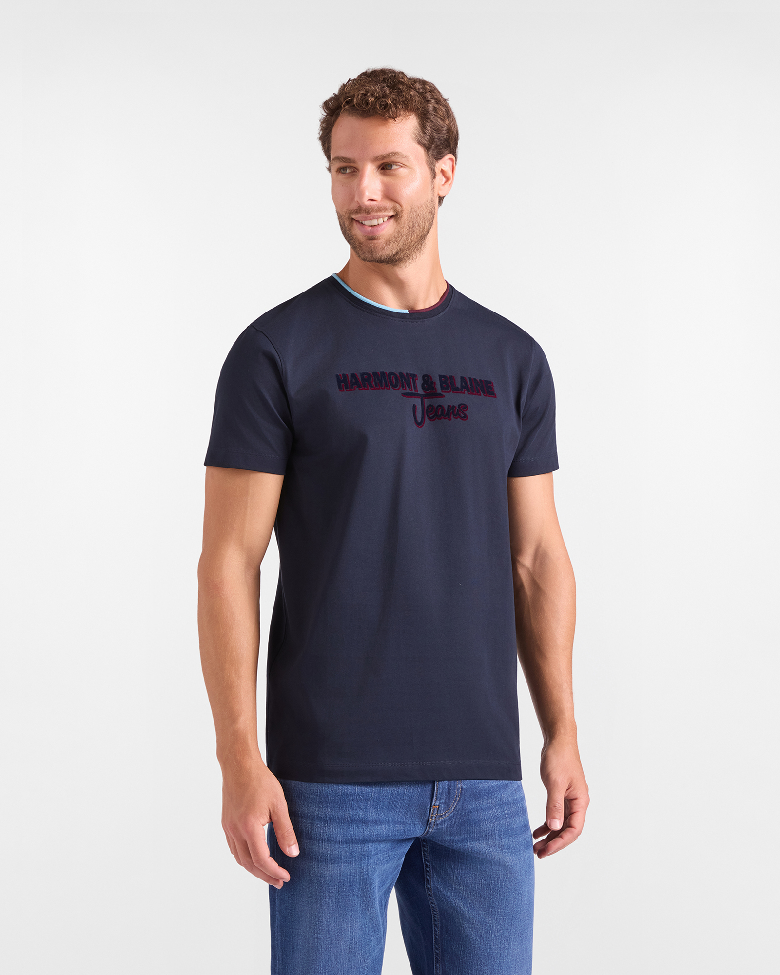 T-shirt HBJ Uomo con Stampa Flock in Puro Cotone, BLU SCURO, large