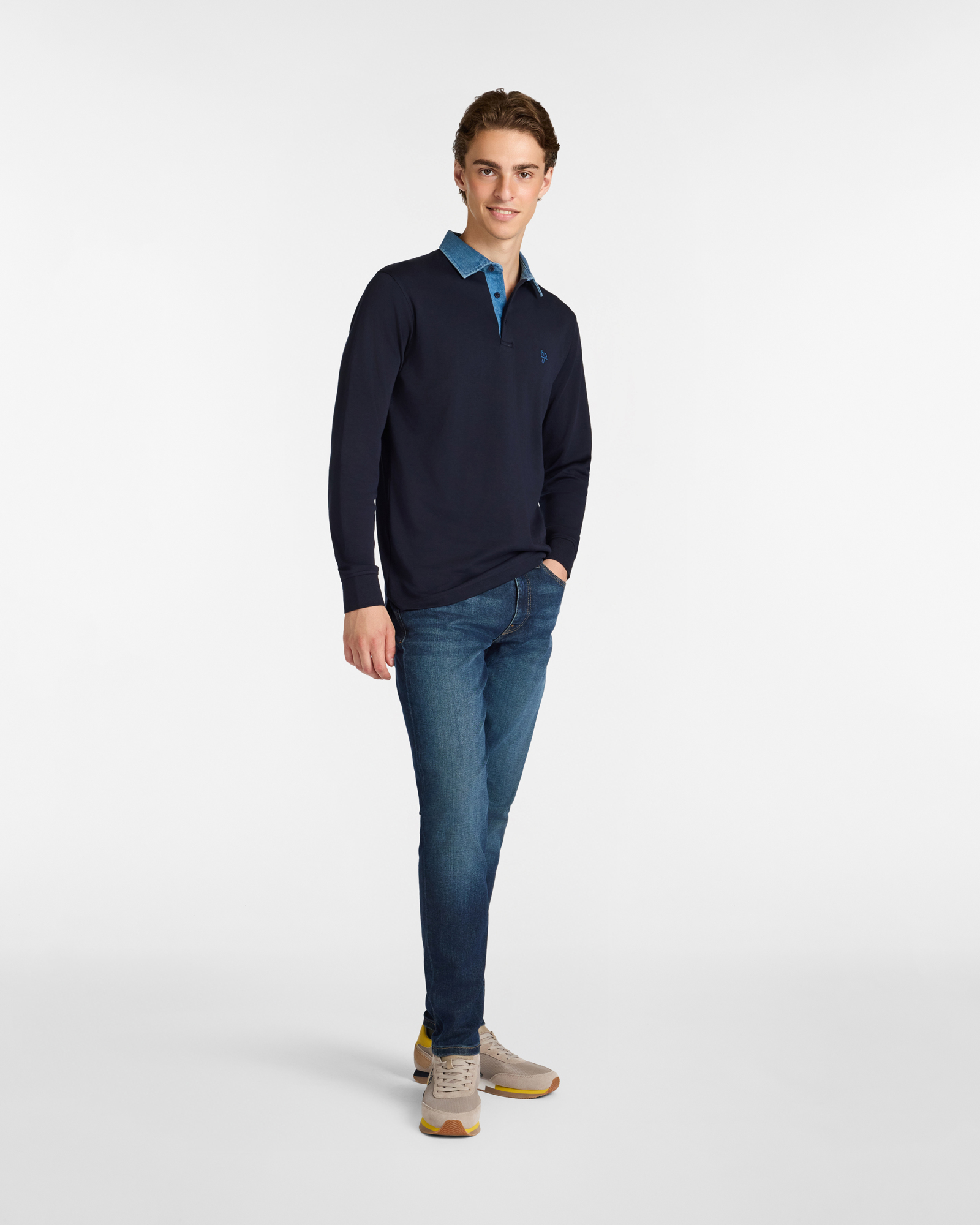 Polo Manica Lunga in Cotone con Collo in Denim, Blu Scuro, large image number 3