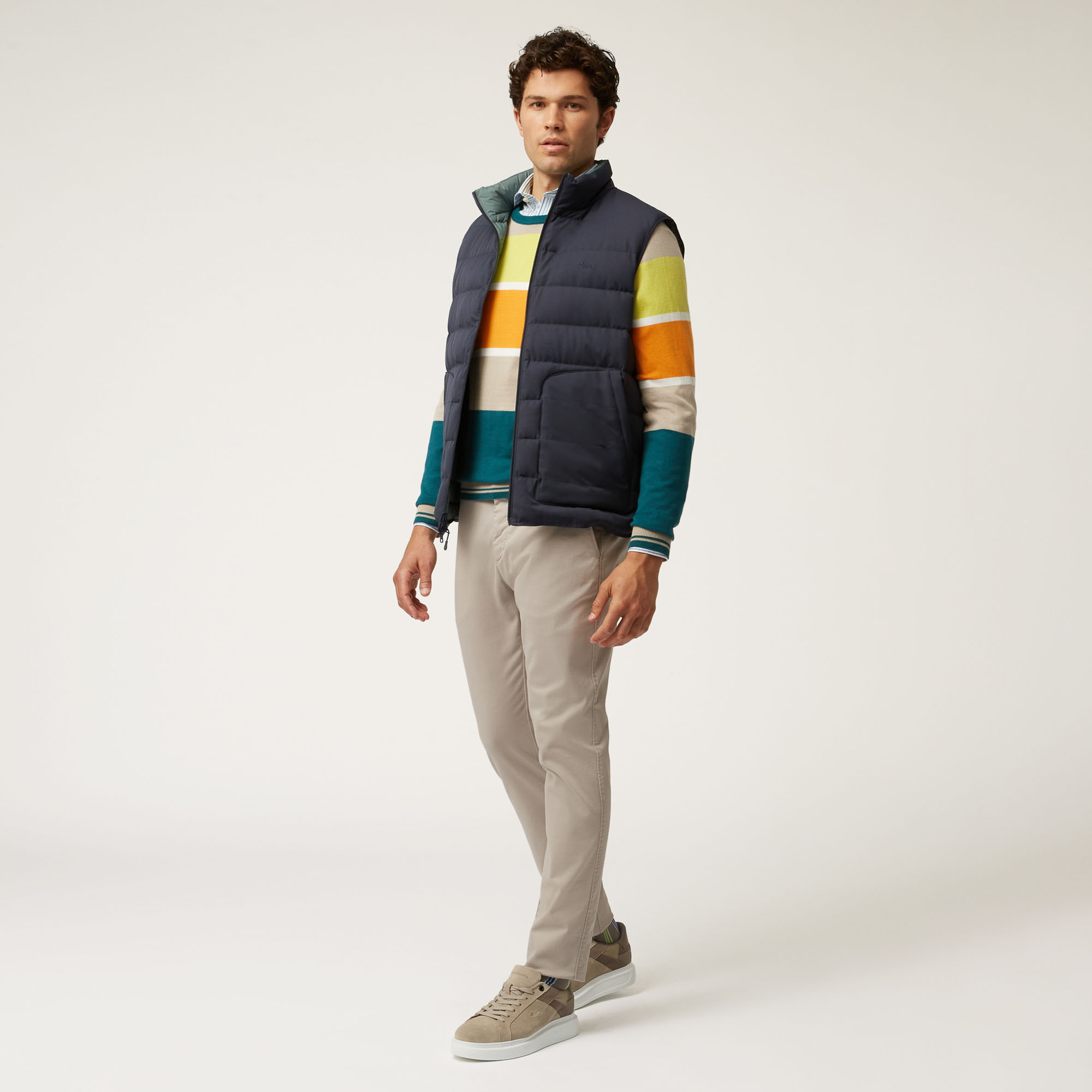 Pullover Girocollo A Righe Color Block, Beige, large image number 3