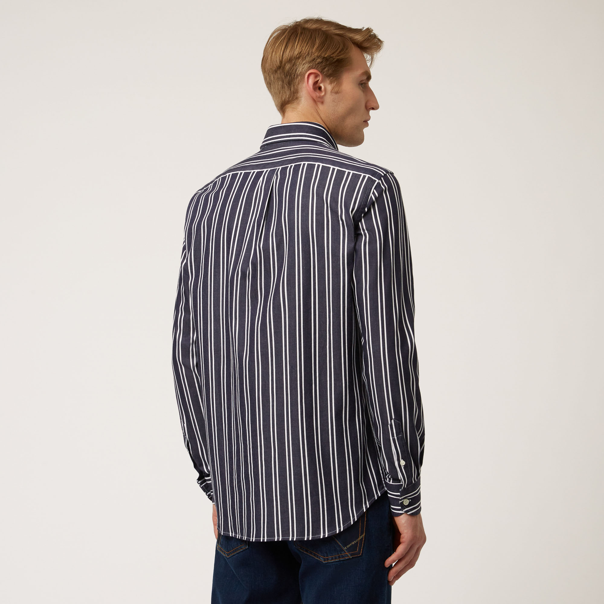 Stretch Cotton Shirt With Vertical Stripes, Blue, large image number 1