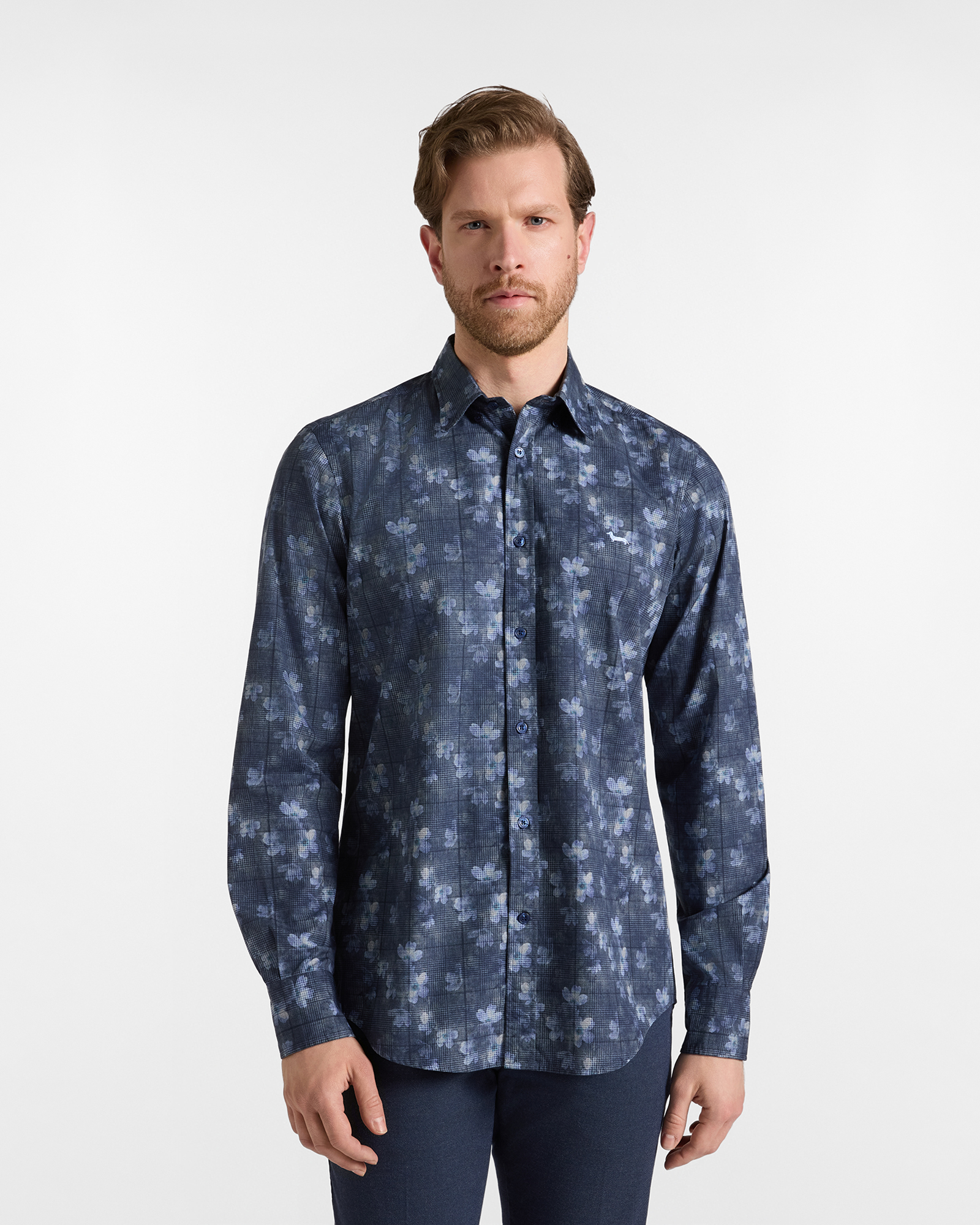 Men's regular-fit dark blue poplin shirt with glen plaid and floral print