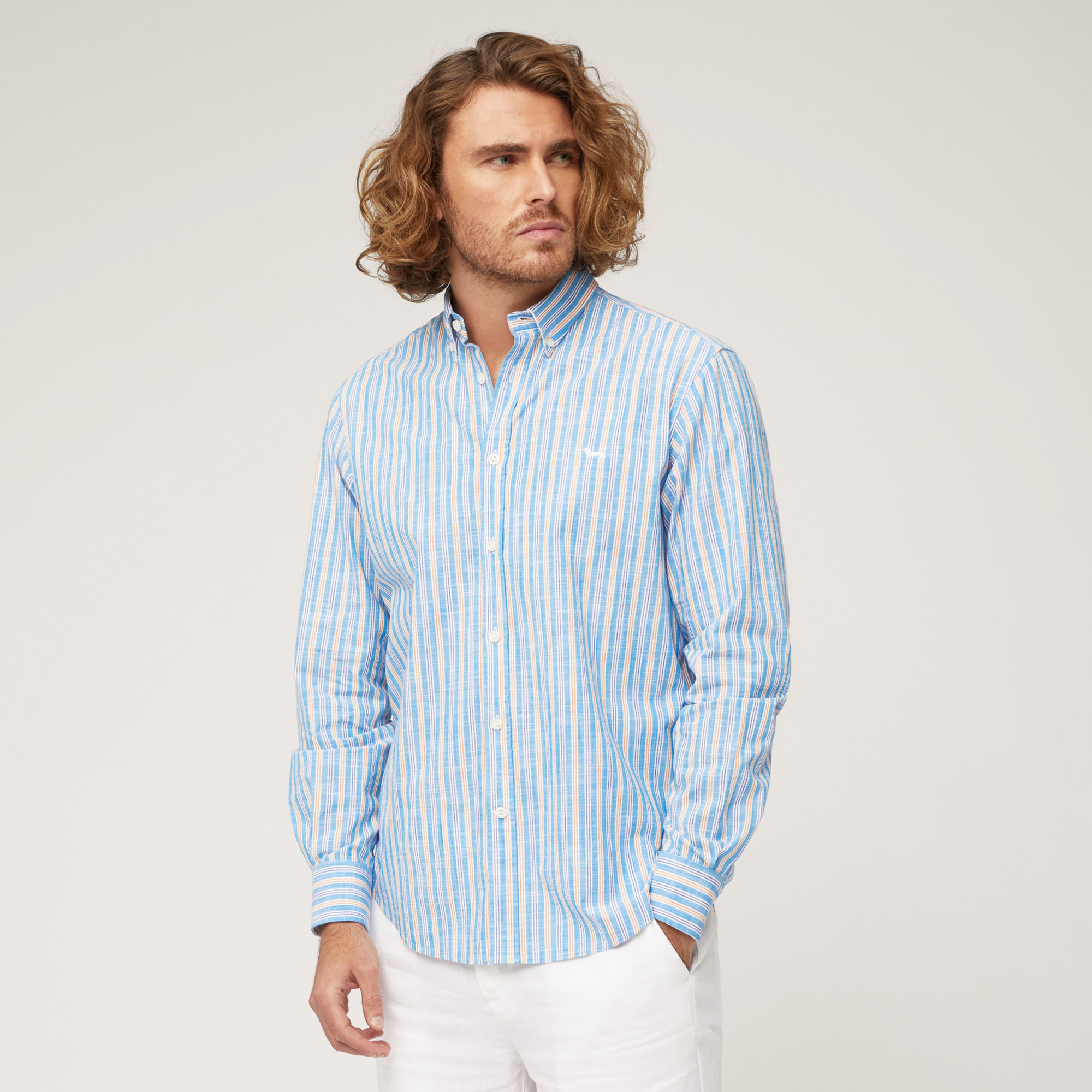 Camicia In Cotone Fiammato A Righe, Azzurro, large