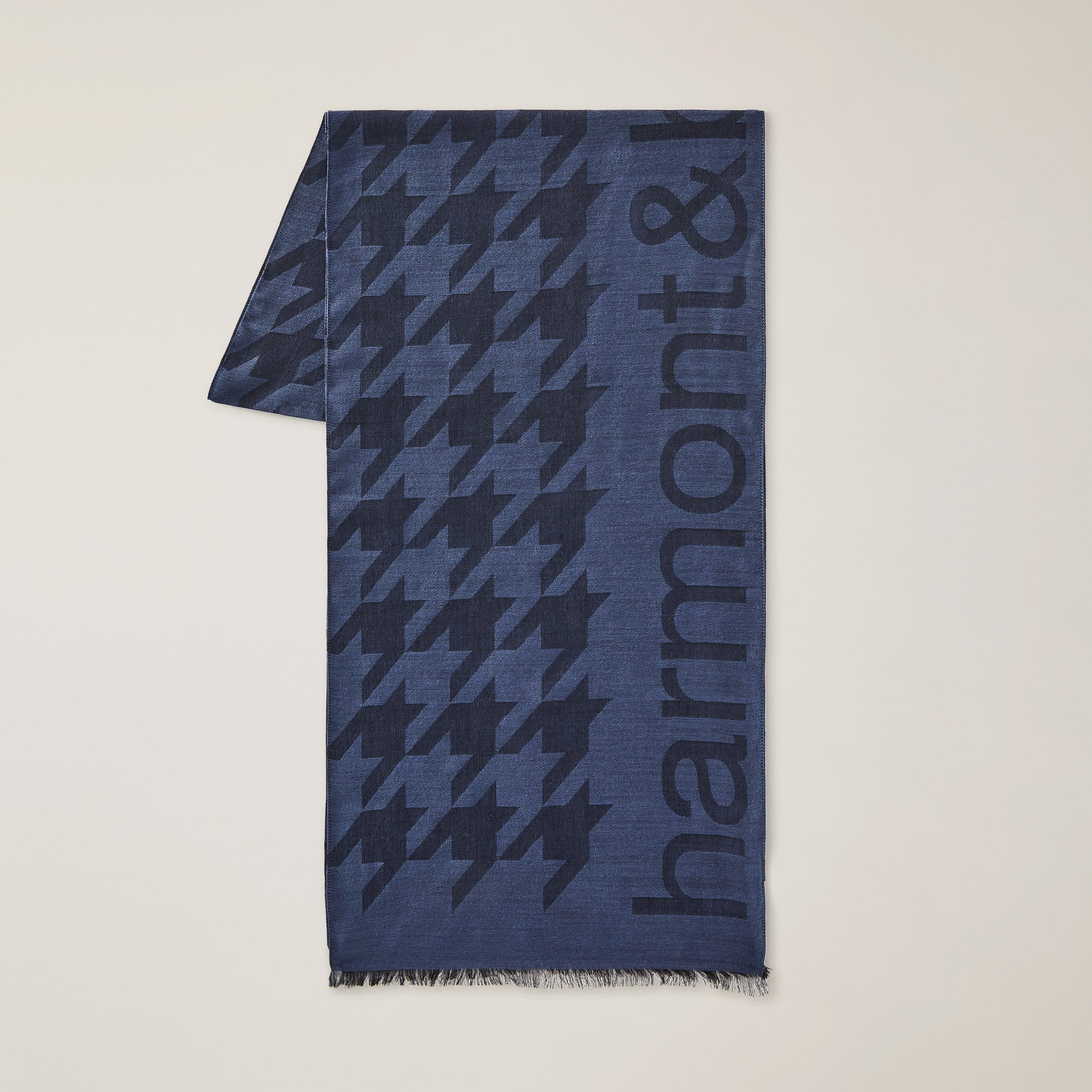 Sciarpa In Lana E Modal Con Maxi Pied-De-Poule E Lettering, Blu Navy, large image number 0