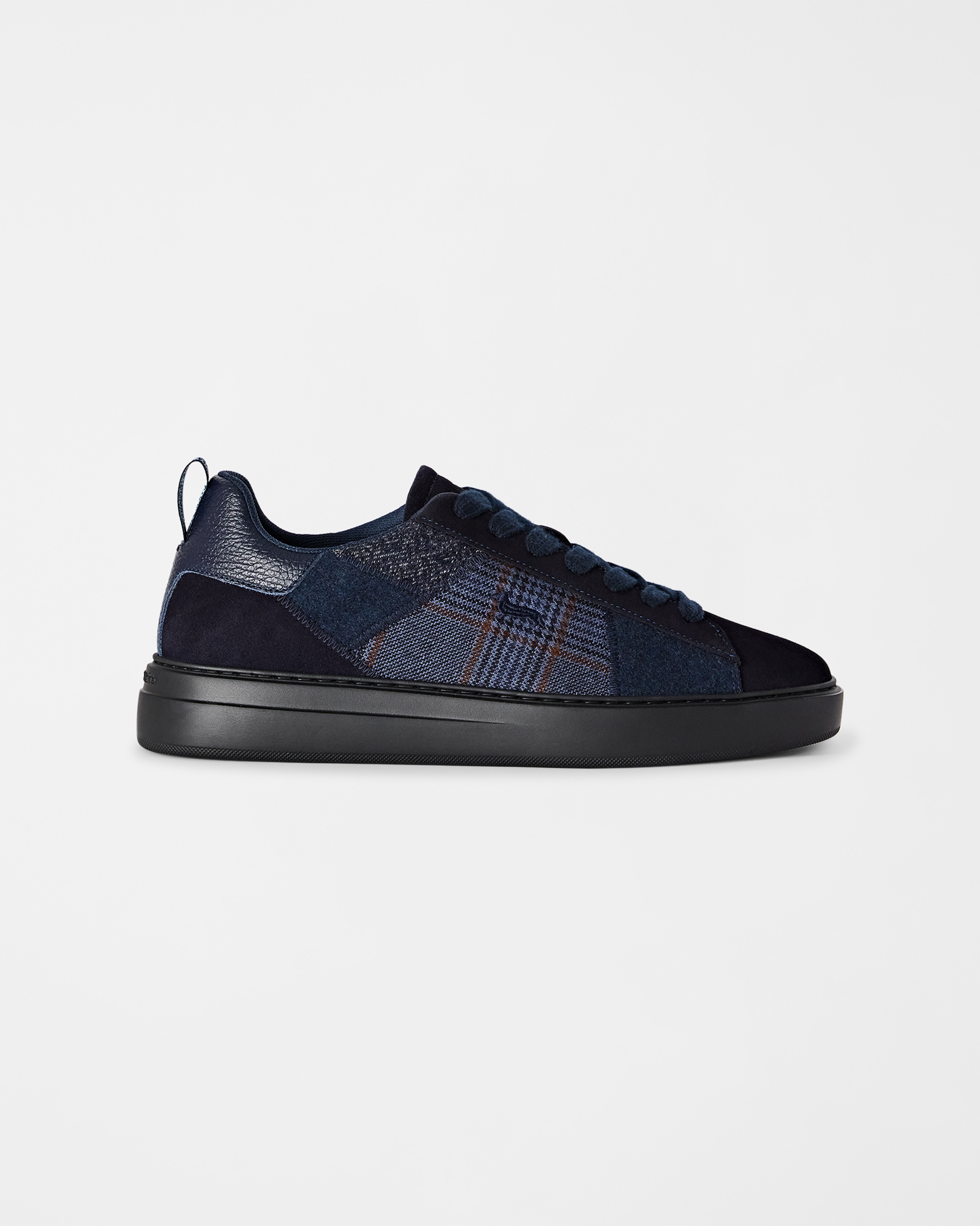 Men's dark blue suede and wool fabric patchwork sneakers