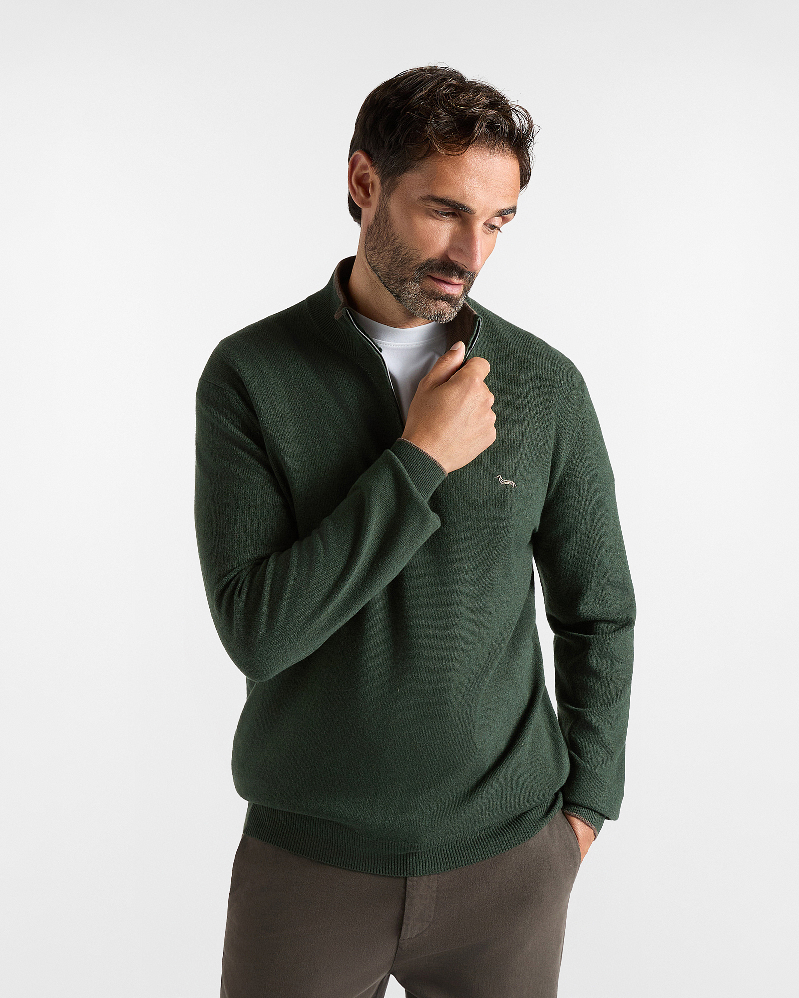 Men's regular fit sweater with half-zip stand-up collar in a green wool and cashmere blend