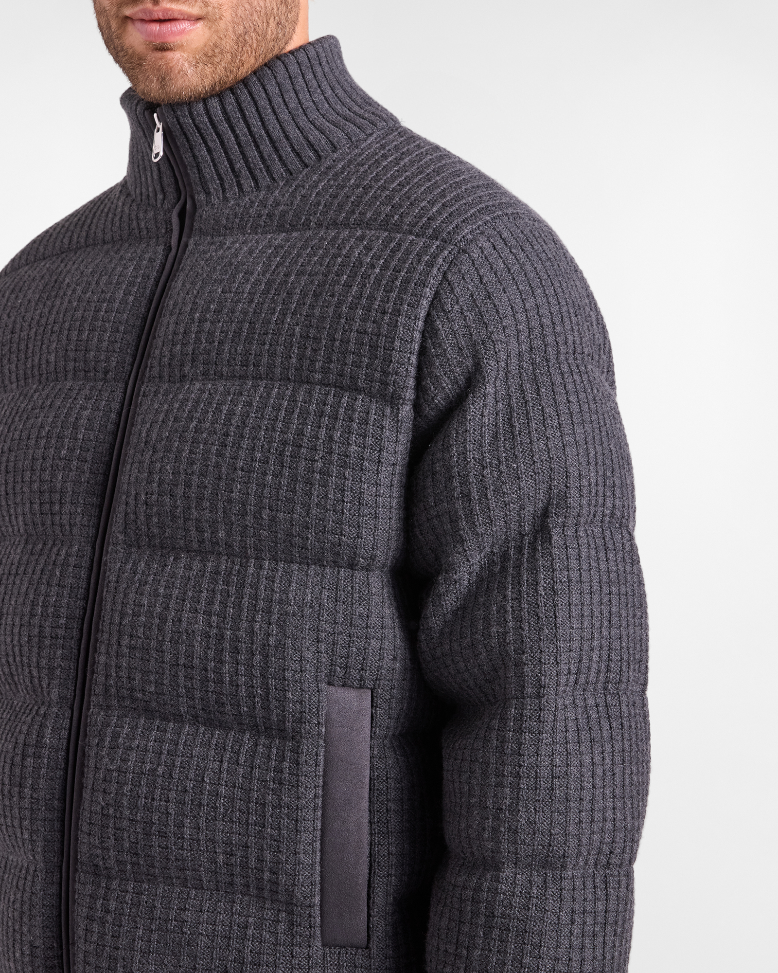 Men's regular fit knit jacket with zip-up stand-up collar in 100% pure wool, GRAY, large