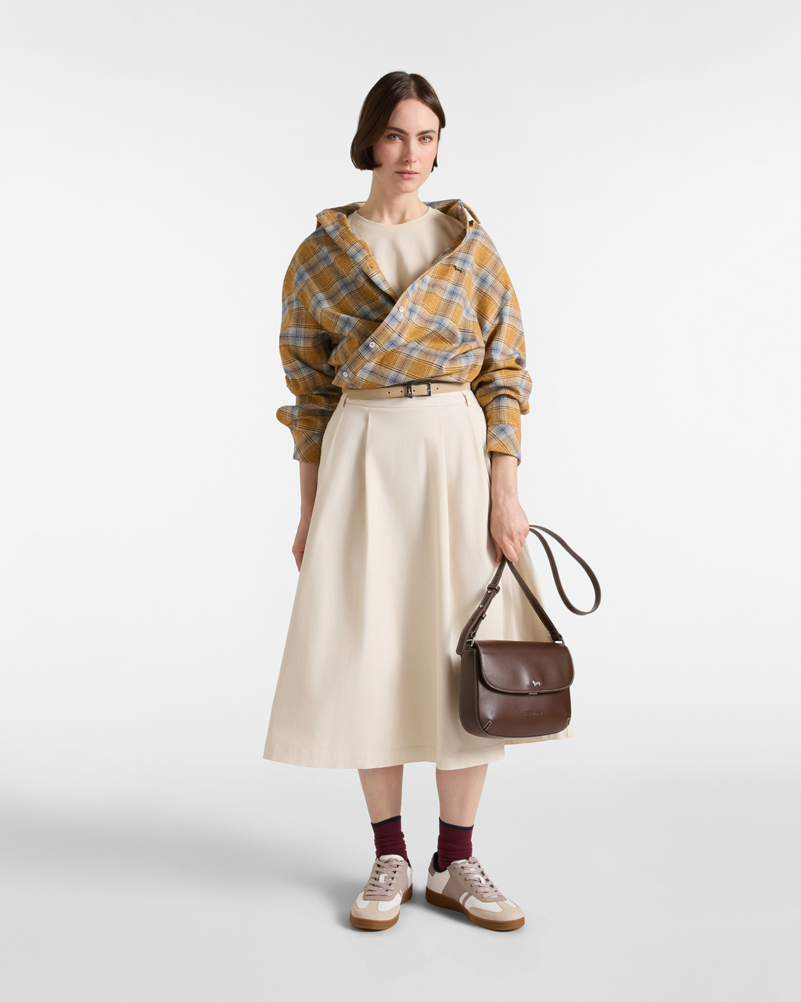 Women&rsquo;s stretch cotton satin skirt with pleats and a high waist, TAUPE, large