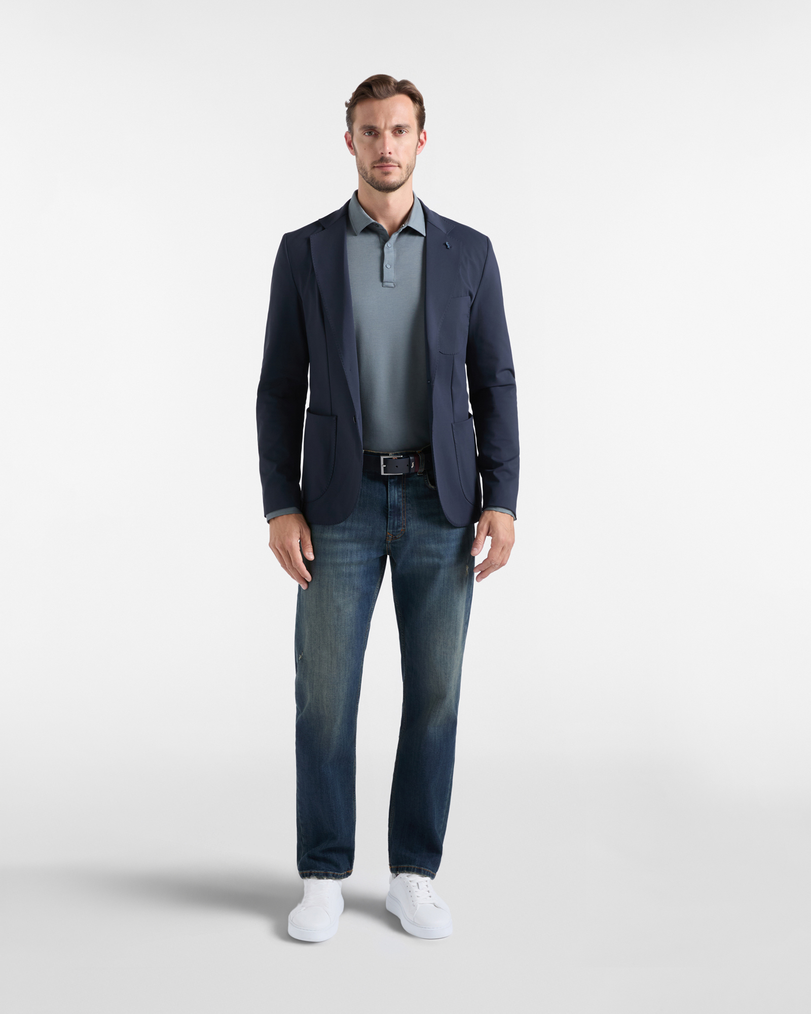 Polo da uomo manica lunga in piquet di cotone stretch grigio, GRIGIO, large image number 3